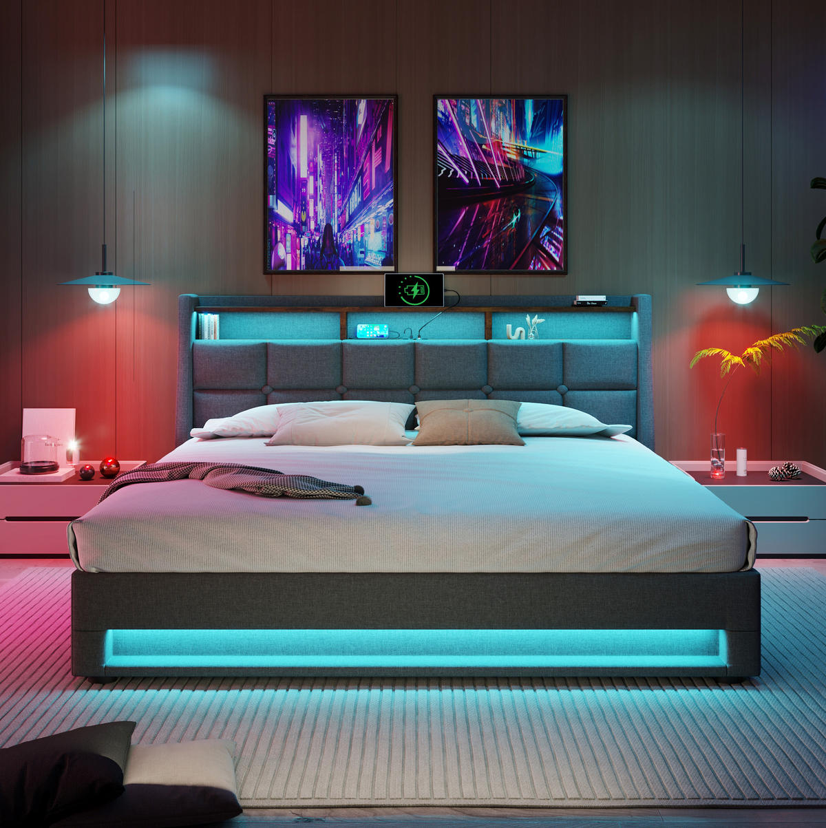POLSTERBETT 140/200 cm Grau aus Leinen mit LED, USB und Bettkasten - Grau, Textil (140/200cm) - OKMYHOME