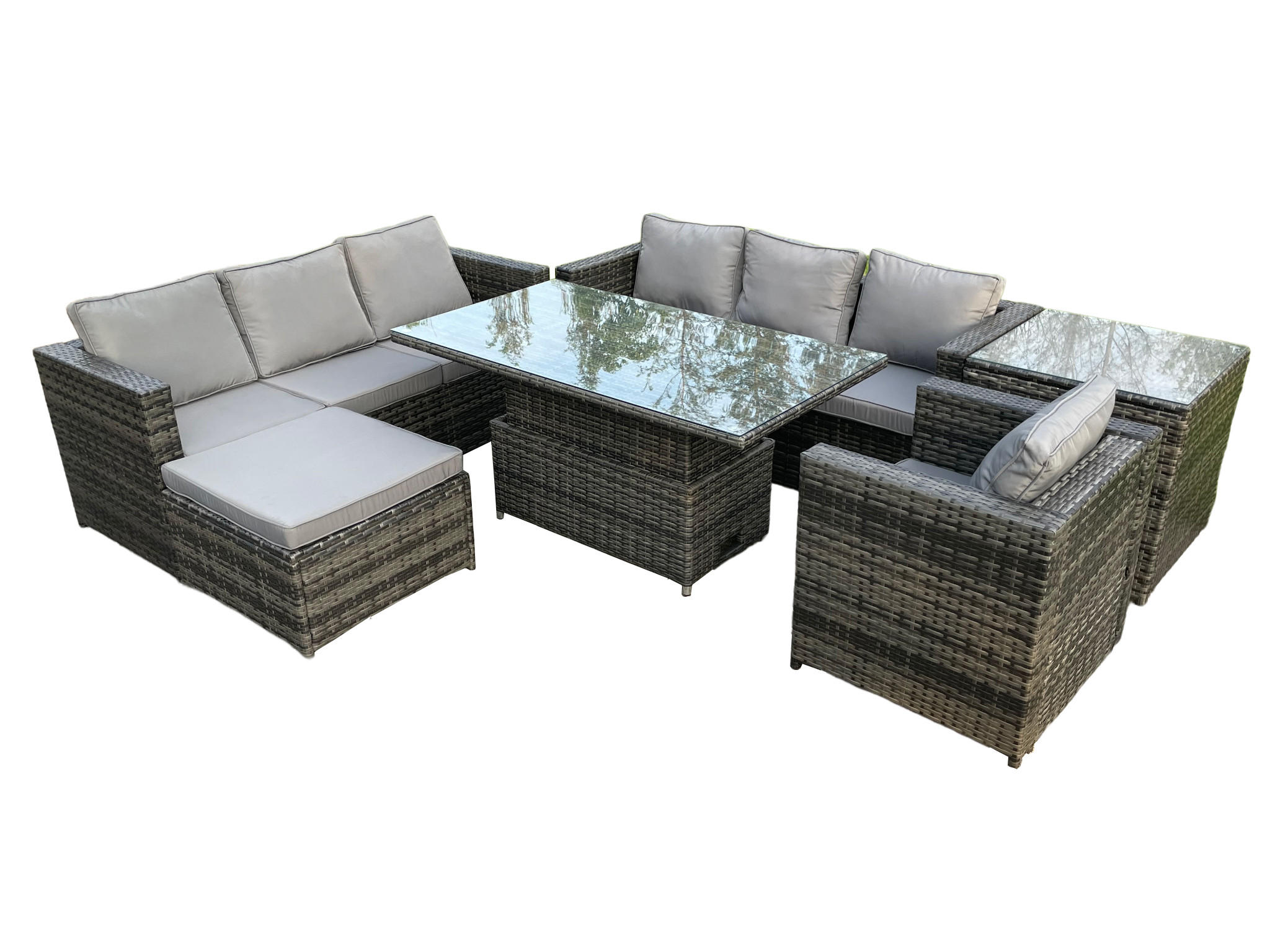 GARTENTISCHGRUPPE Polyrattan 8-Sitzer - Dunkelgrau/Grau, Glas/Kunststoff - Fimous