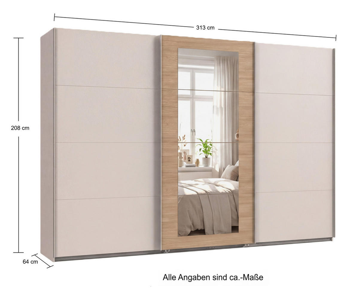 SCHWEBETÜRENSCHRANK 3-türig B313/H208/64 cm Kleiderschrank in Beige Grau, Spiegel umrahmt in Eiche Natur, Griffe Beige Grau / 22631 - Beige, Holzwerkstoff/Metall (313/208/64cm) - luma-home