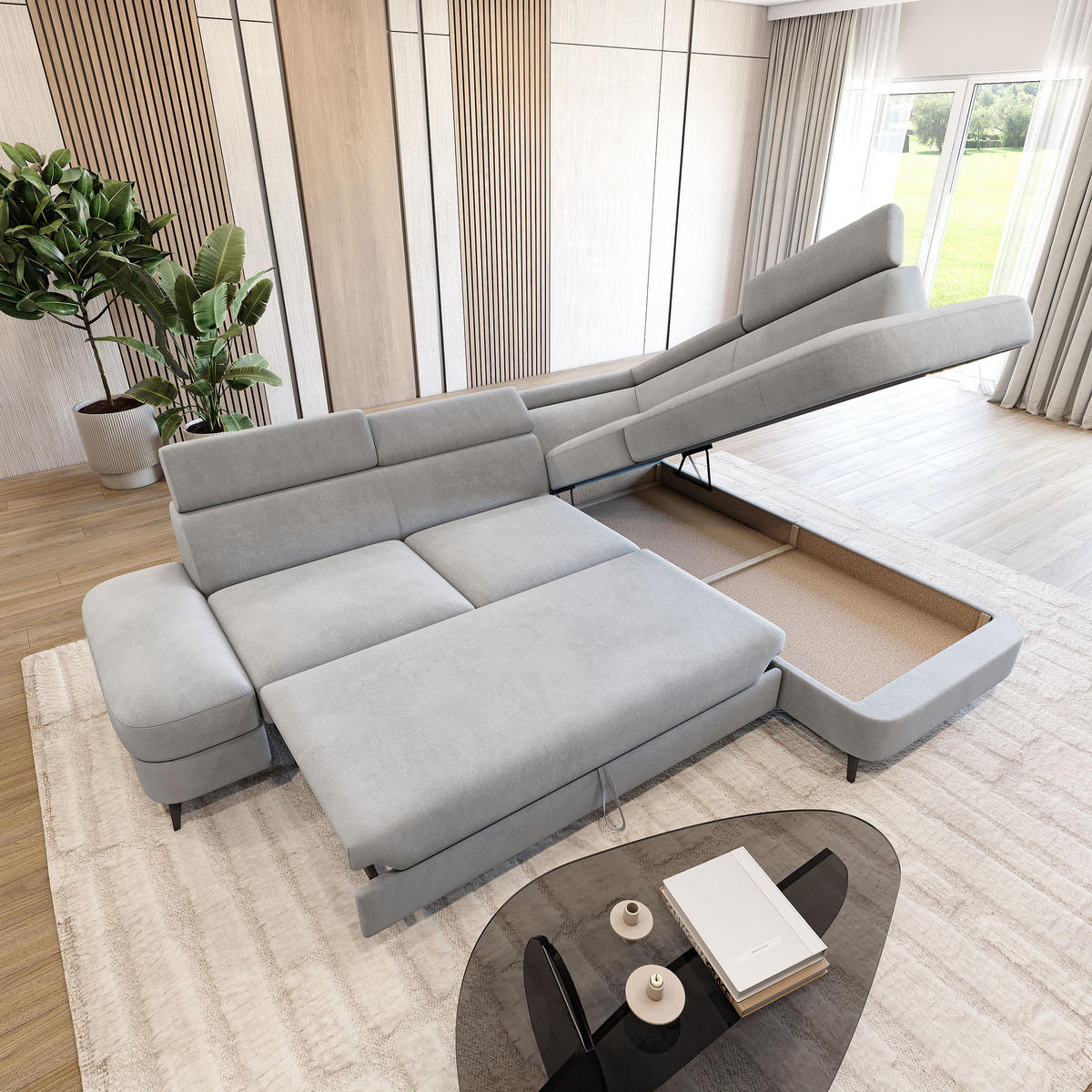 ECKSOFA AVISE MV R-S Hellgrau Velours-Stoff mit Schlaffunktion - Hellgrau, Holzwerkstoff/Textil (268/195cm) - MASSENO