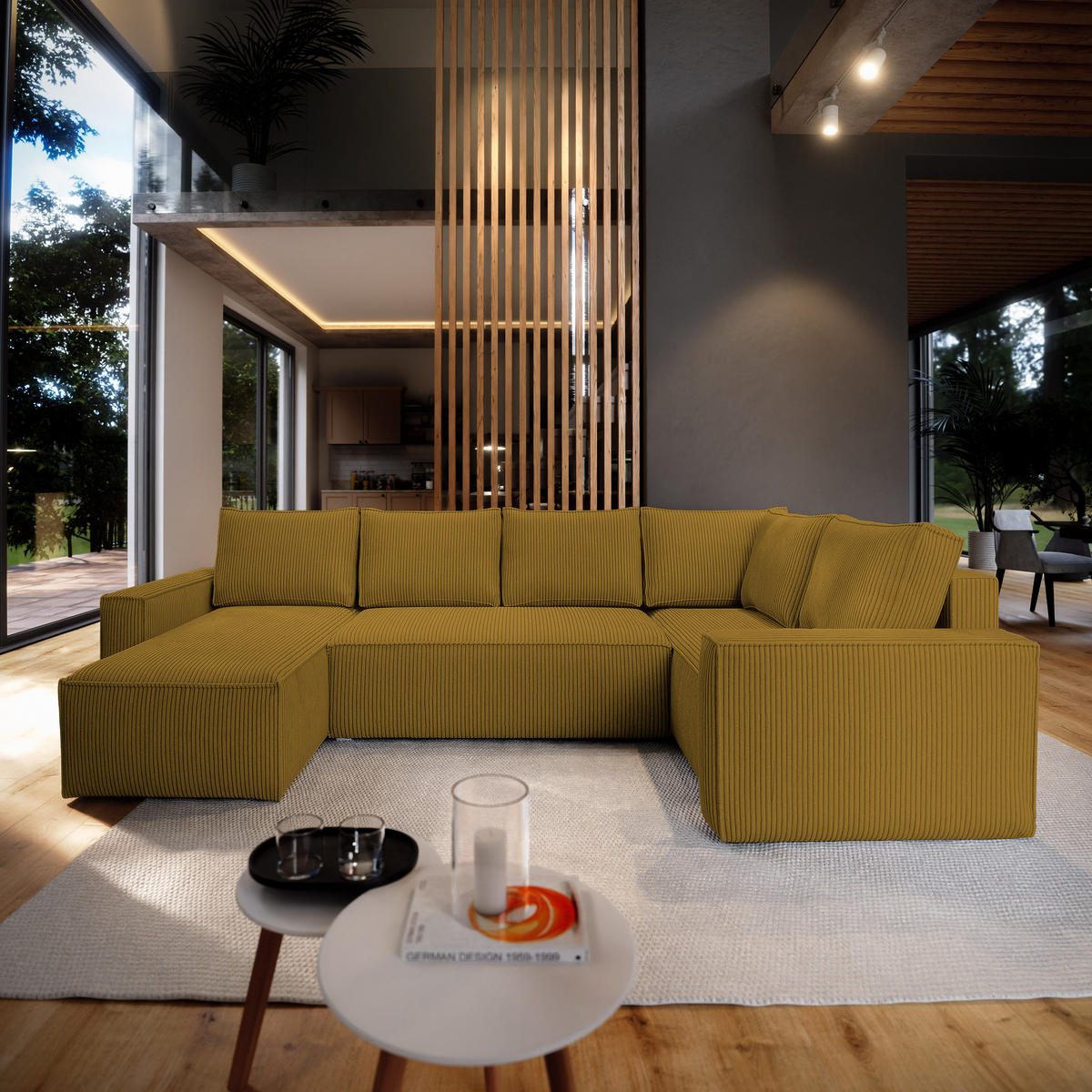 ROHOVÁ SEDAČKA NORENA žlutá - šedá/žlutá, dřevo/textil (295/157.5cm) - MASSENO