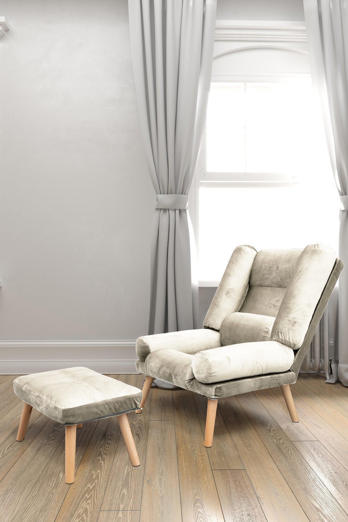 SESSEL Lola mit Fußhocker Rückenlehne 5-stufig einstellbar, ecru - Ecru, Holz/Kunststoff (75/100/60cm) - Margaret Hadas24