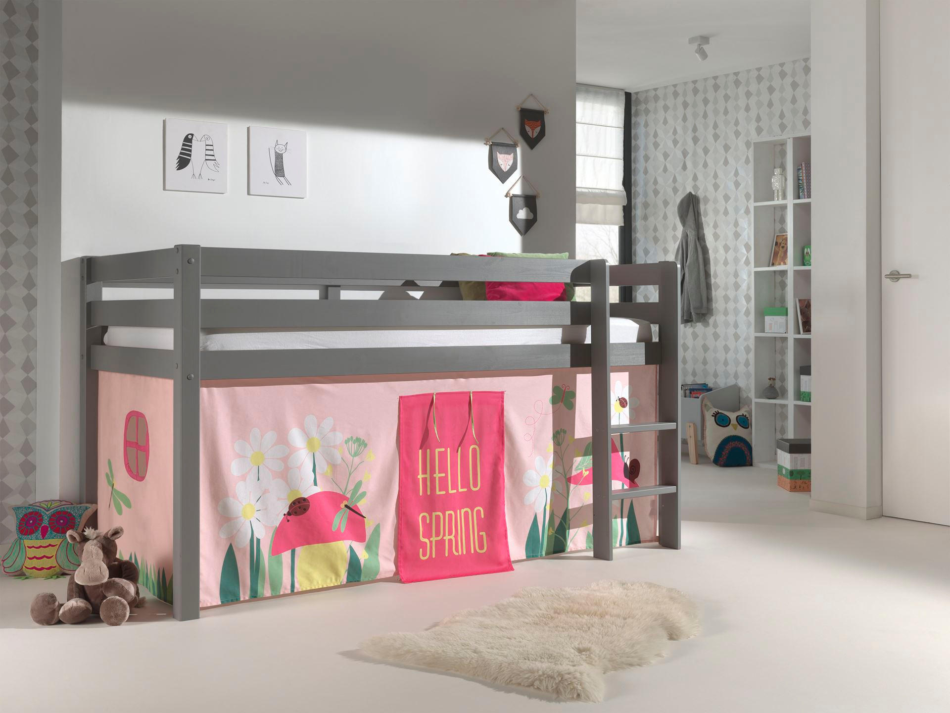 KINDERBETT Karolina 210x114x106 Massivholz Grau Textilset Spring 1 - Hellrosa/Grau, Holz (90/200cm) - 58aufmkessel