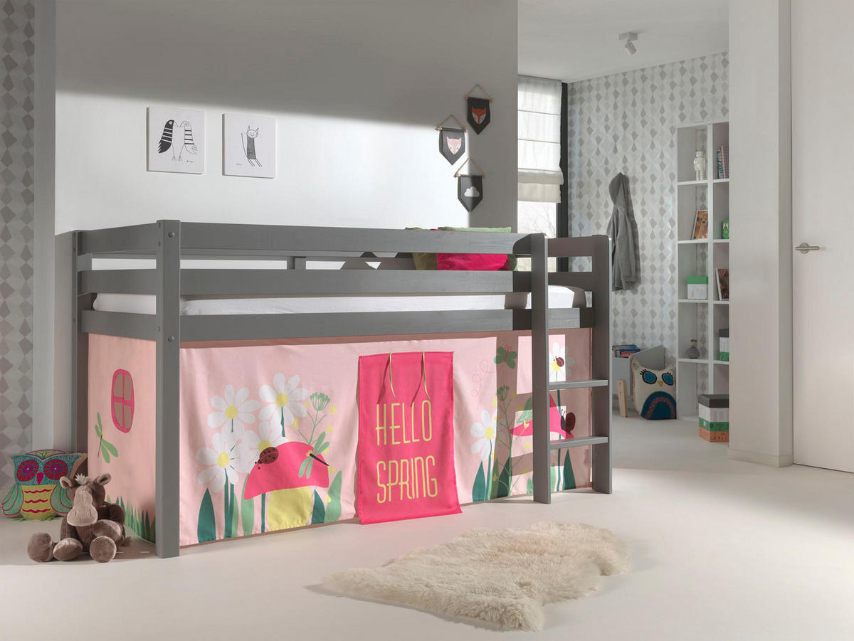 KINDERBETT Karolina 210x114x106 Massivholz Grau Textilset Spring 1 - Hellrosa/Grau, Holz (90/200cm) - 58aufmkessel