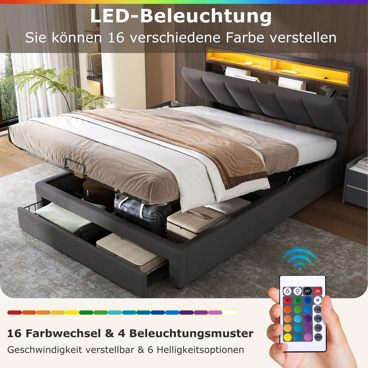 POLSTERBETT 160x200 cm Grau Leinen LED 2 Schubladen - Grau, Holz (160/200cm) - SHOPENTRA
