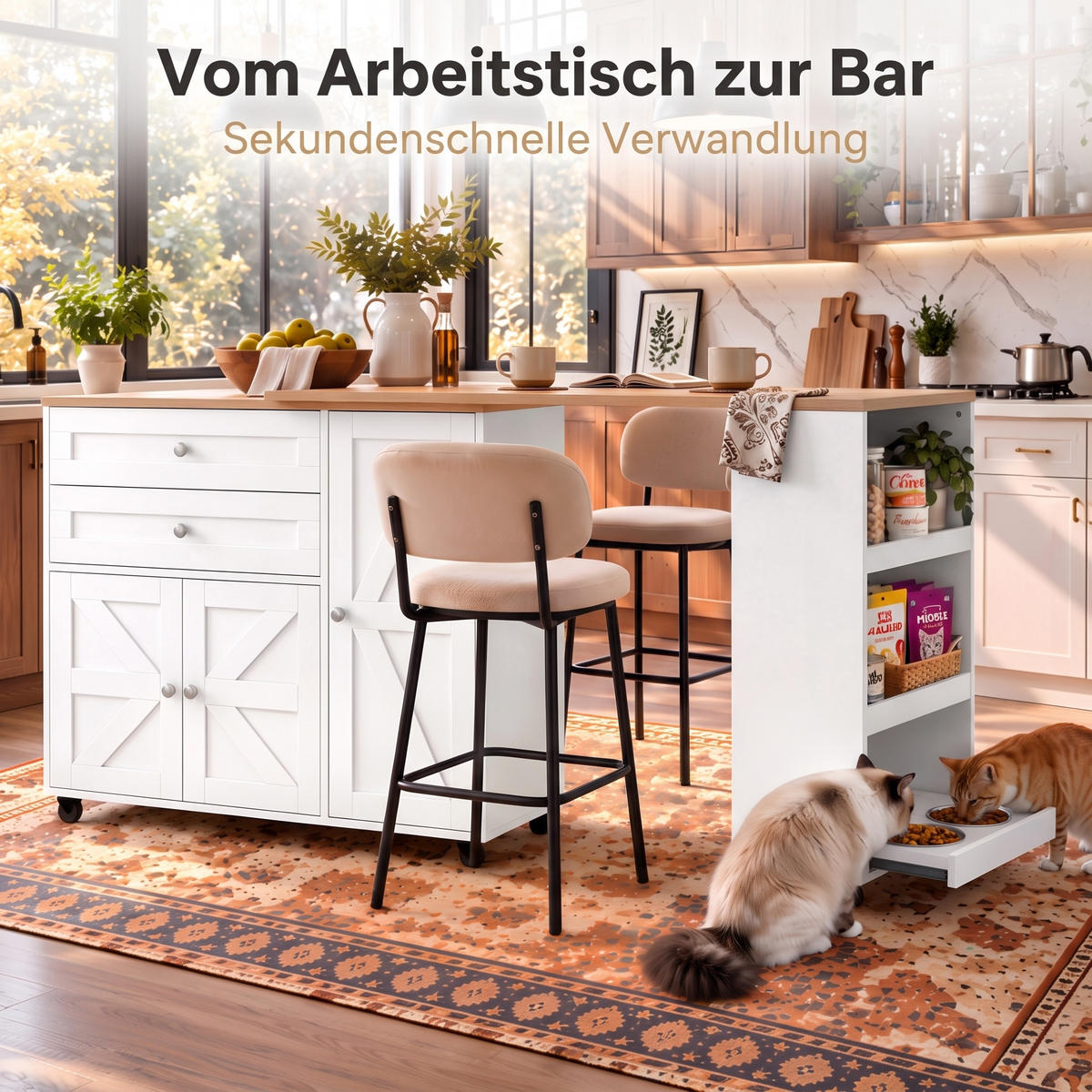 KÜCHENINSEL auf Rollen 100/60/84.5 cm Weiß mit ausziehbarer Arbeitsplatte, 2 Schubladen und Katzenfutterstation - Schwarz/Weiß, Holz/Holzwerkstoff (120/86/60cm) - Oxeza