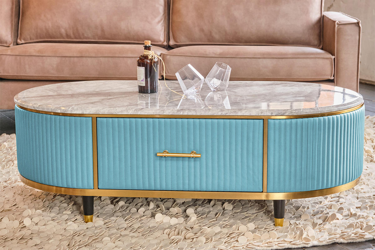 COUCHTISCH MARIA Hellblau Kunstleder - Schwarz/Hellblau, Stein/Metall (70/130/45cm) - KAWOLA