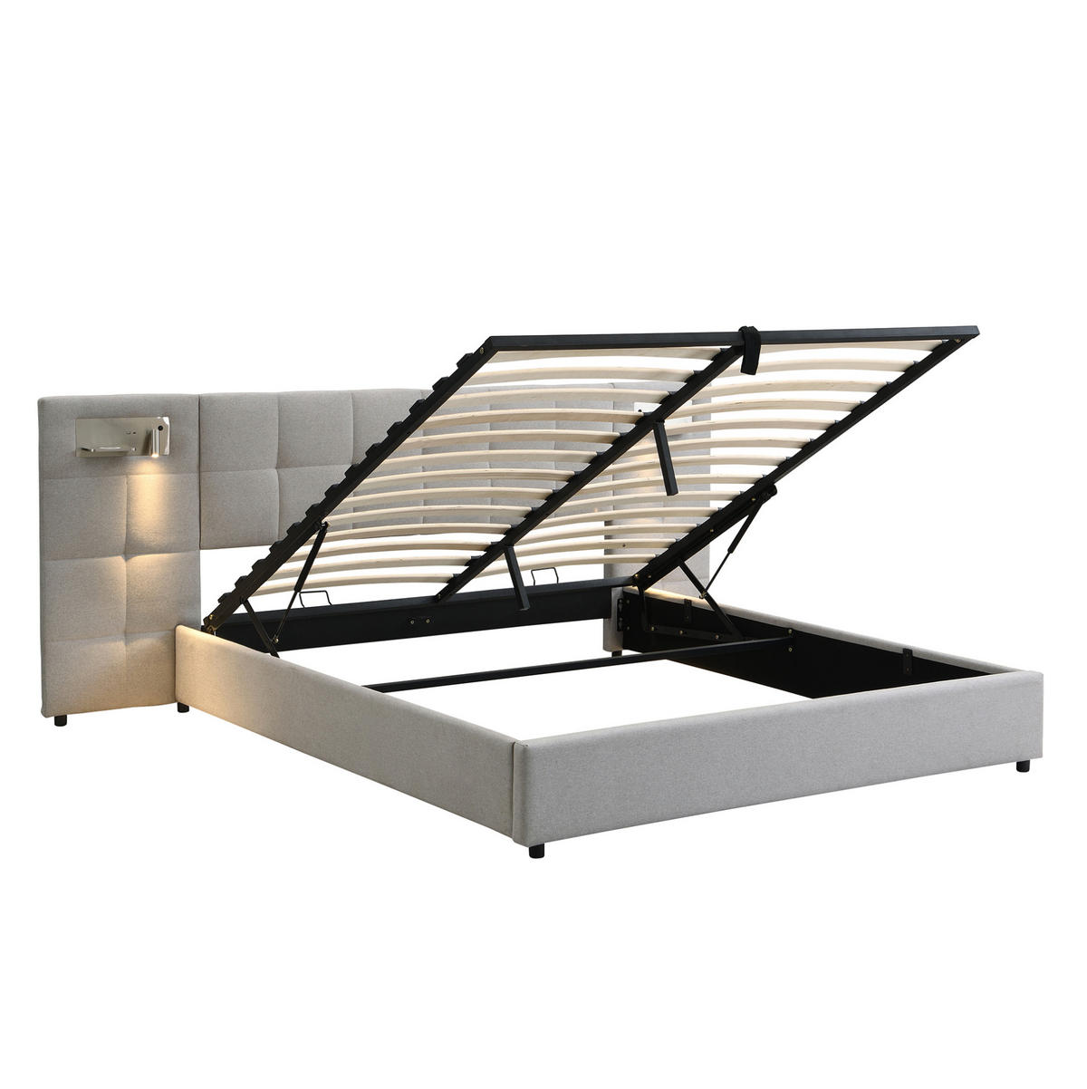 POLSTERBETT 180/200 cm mit hydraulischem Bettkasten, USB & Wireless Charging, Licht, Grau - Grau, Textil (180/200cm) - Redom