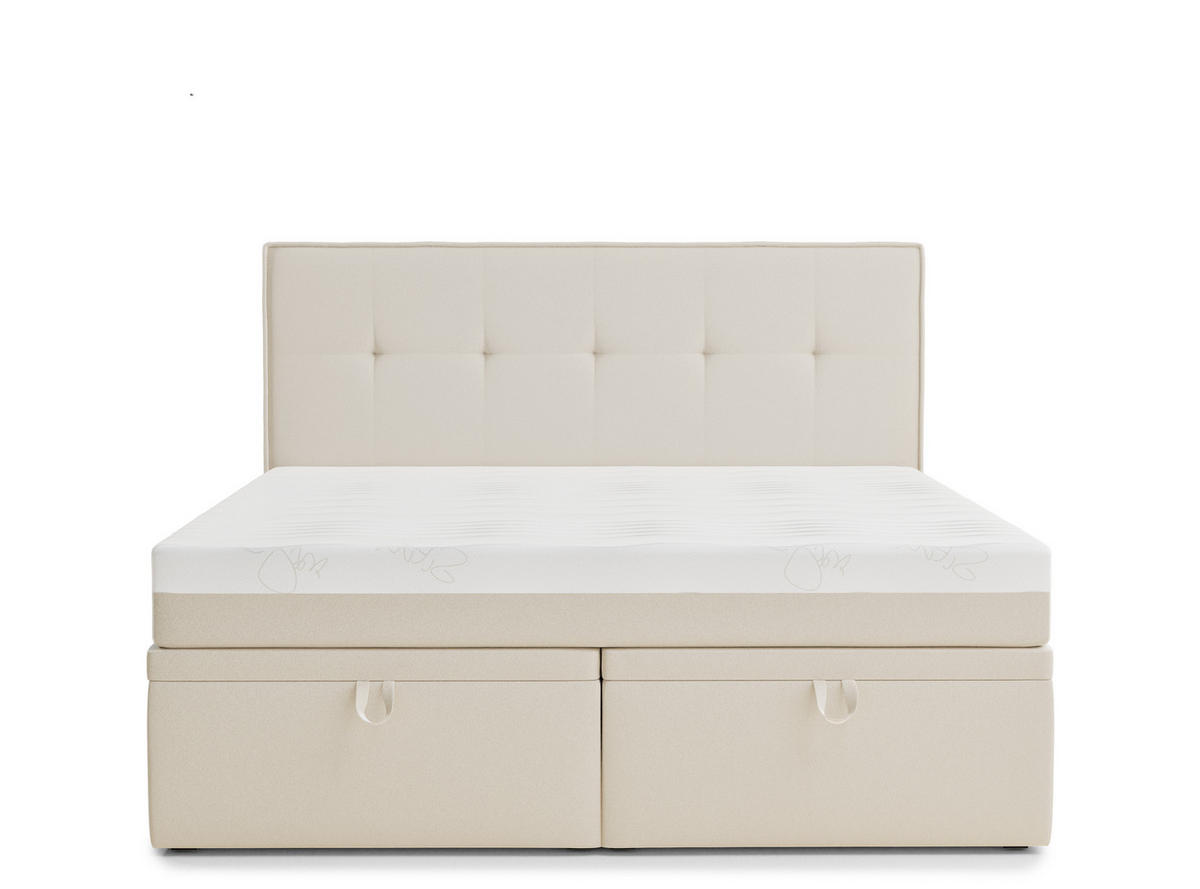 BOXBETT 200/200 cm Comfrey, in Hellbeige, Matratze, gepolstertes Kopfteil, Bettkasten, H3 = fest - Beige/Schwarz, Holz/Holzwerkstoff (200/200cm) - Maison de Reve