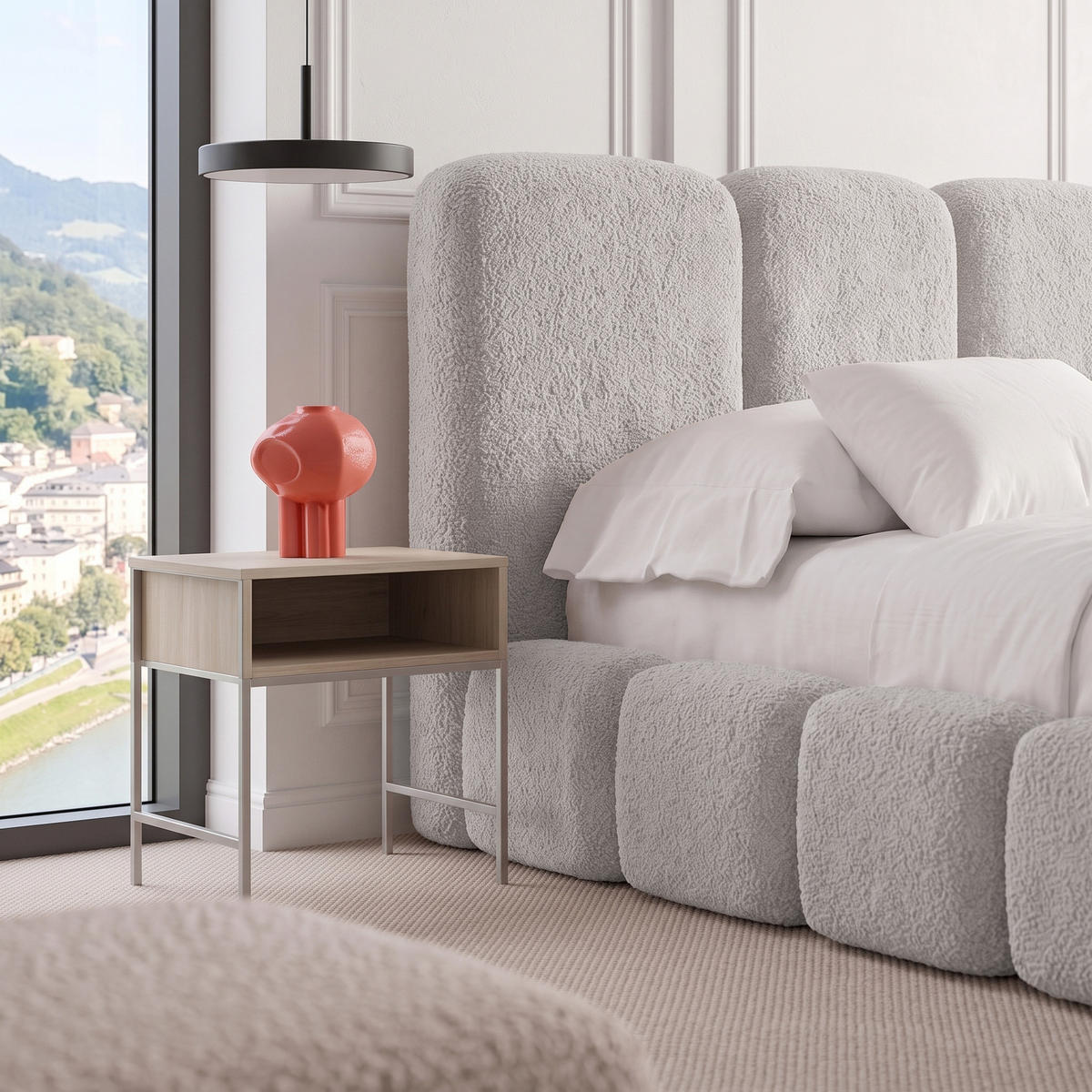 POLSTERBETT SUENO MAXI mit Matratze 140x200 cm in Hellgrau, gepolstertes Kopfteil, Metalllattenrost, Bettkasten, Bouclé-Stoff - Hellgrau/Naturfarben, Holz/Textil (140/200cm) - Muffo