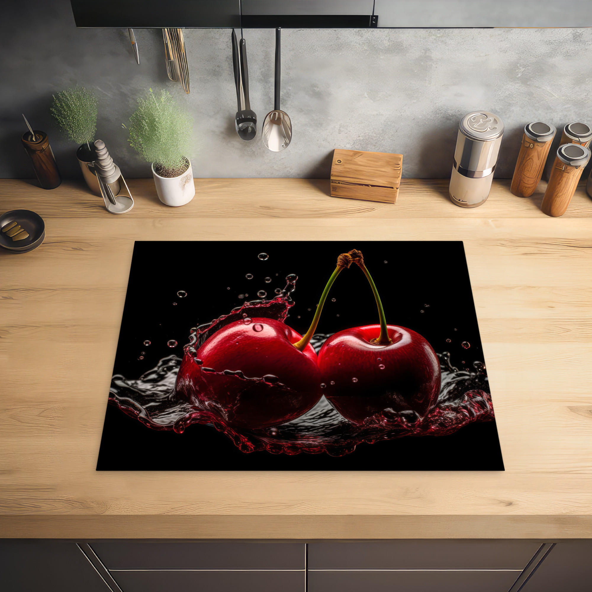 HERDABDECKPLATTE Kirsche - Rot - Frucht - Wasser - Schwarz 65x52 cm - Kirschrot, Kunststoff (65/0.2/52cm) - MuchoWow