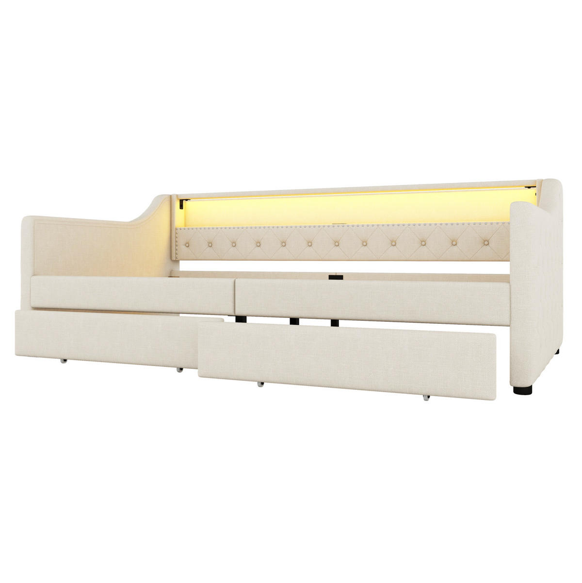 POLSTERBETT mit LED-Beleuchtung 90/200 cm mit 2 Schubladen und USB-Anschluss - Beige, Textil (90/200cm) - BEAOK