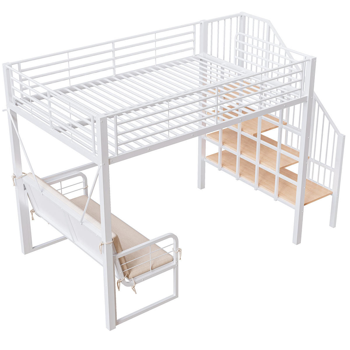 HOCHBETT 140/200 cm DE-01525, in Weiß, mit Polstersofa, Stauraum und Sicherheitstreppe - Weiß, Metall (140/200cm) - ComfortXL