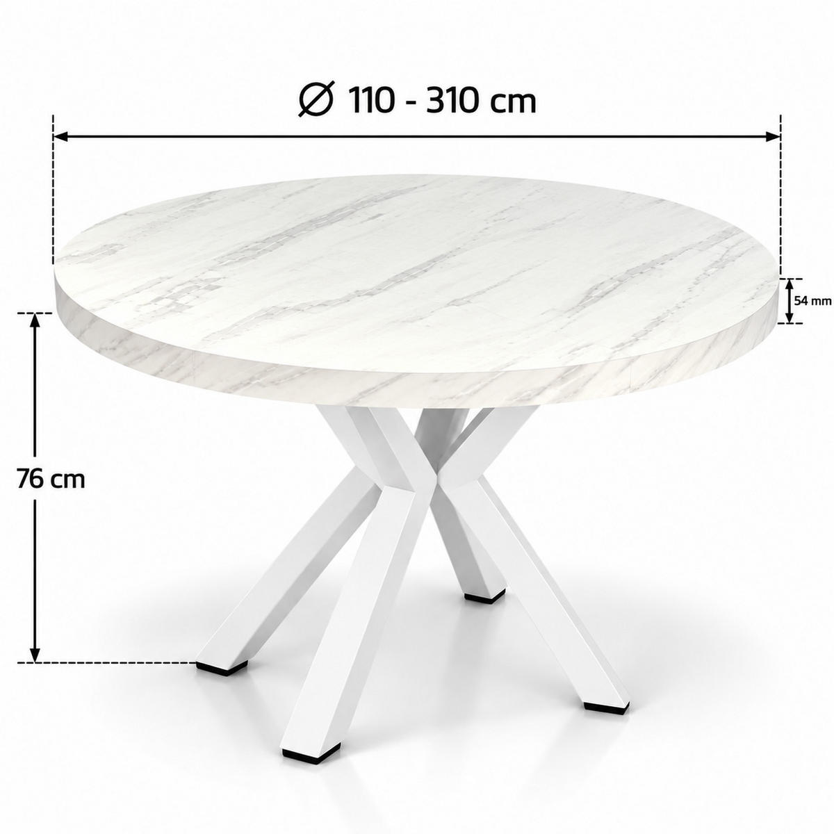 ESSTISCH rund ausziehbar 110-310/110/76 cm, Marmor, 54 cm Tischplatte + X Metallbeine Weiß - Hellgrau/Weiß, Holzwerkstoff/Metall (110/110/76cm) - Damale Möbel