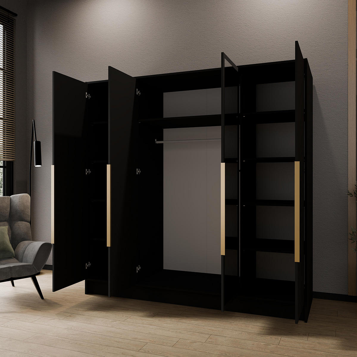 DREHTÜRENSCHRANK Laro mit Spiegel, Schwarz mit goldenen Griffen, 200 cm - Schwarz, Holzwerkstoff (200/200/51cm) - Beautysofa