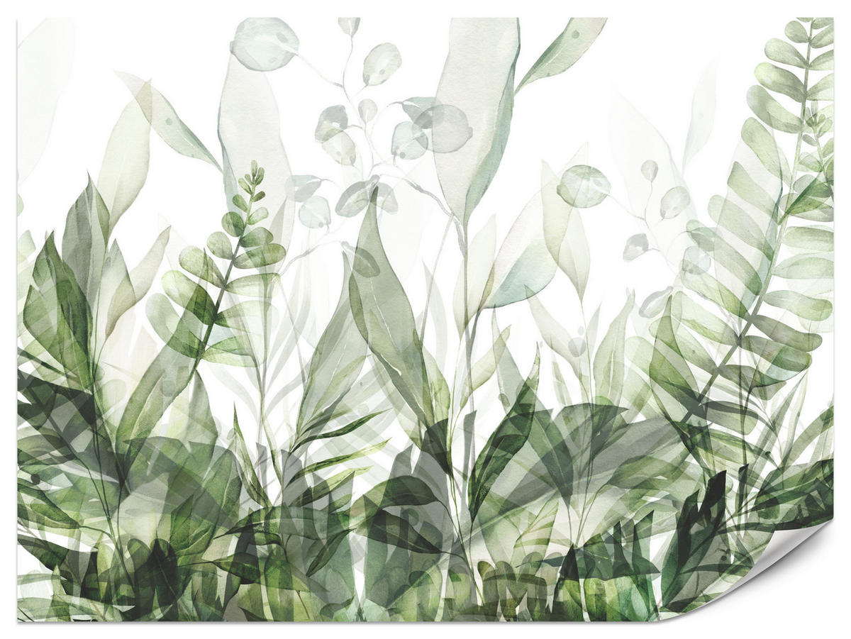 FOTOTAPETE für Schlafzimmer Aquarell Tropische Grüne Blätter Exotisch Blätter 250x175 - Weiß/Grün, Papier (250/175cm) - Muralo