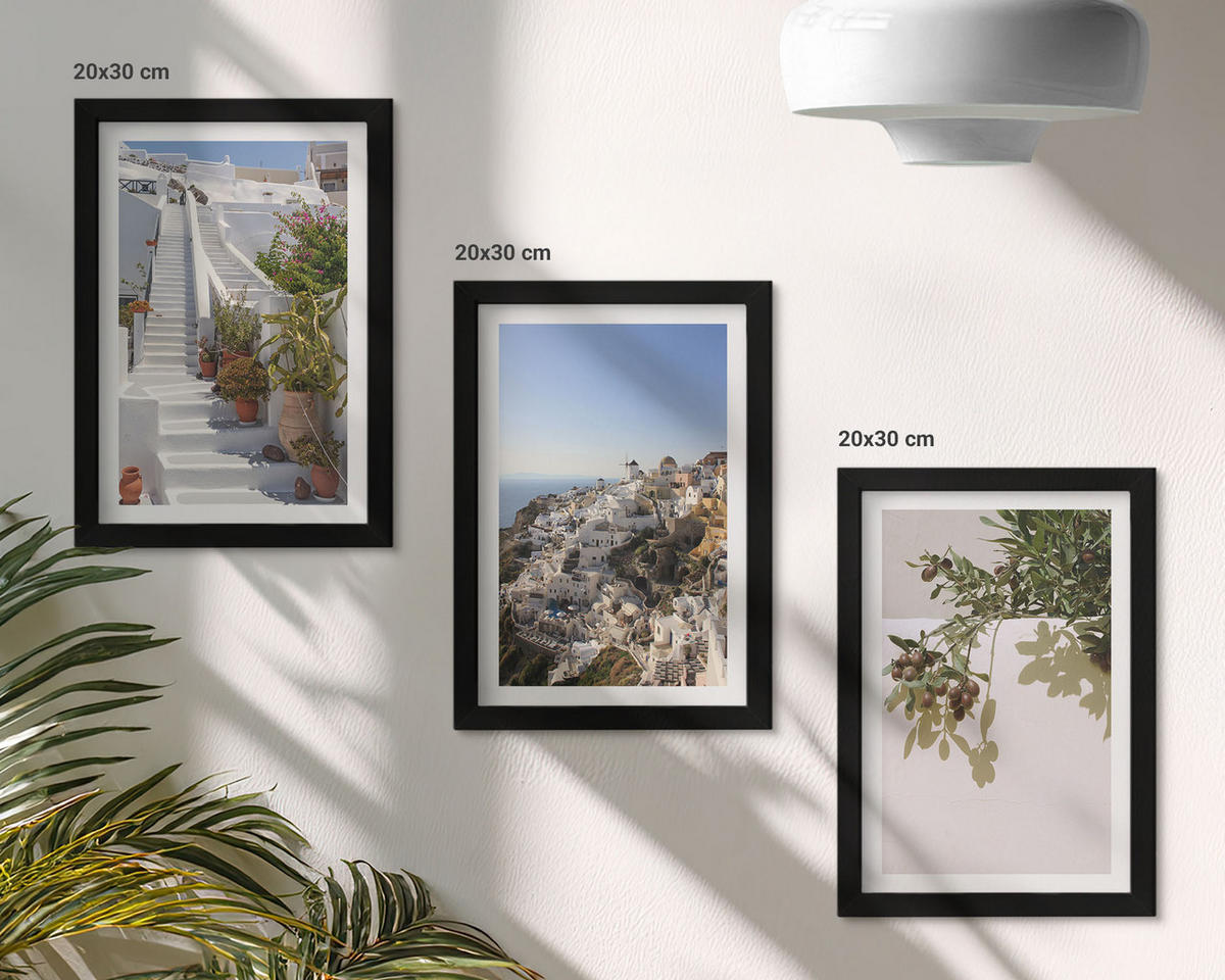 WANDBILDER 3er-Set - 20x30 cm Schwarzer Rahmen - Weiße Treppe mit Blick auf Santorini - Schwarz, Kunststoff (20/30cm) - ArtPrintCave