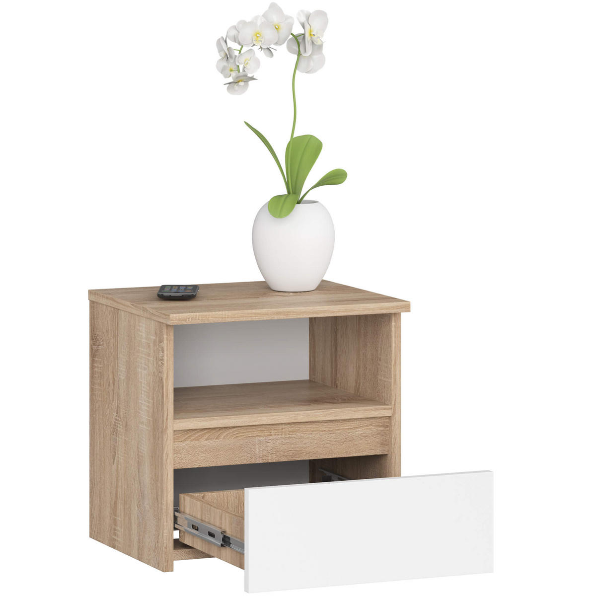 NACHTTISCH Sonoma Eiche, Weiß 40x35x40 cm - Weiß/Sonoma Eiche, Holzwerkstoff (40/40/35cm) - Akord
