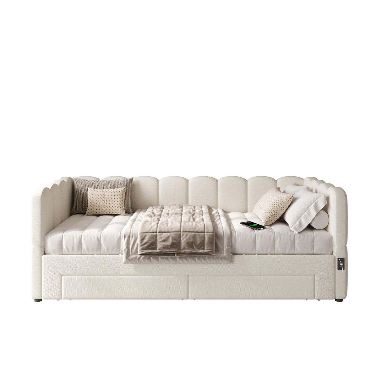 POLSTERBETT 90/190 cm beige aus Leinen mit Ausziehfunktion und USB-Anschluss - Weiß, Textil (90/190cm) - OKWISH