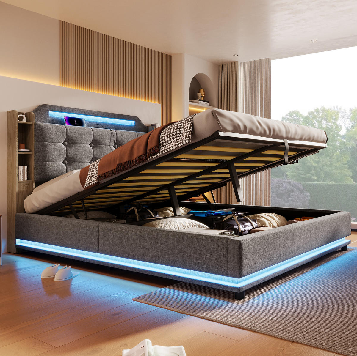 POLSTERBETT 140/200 cm Grau aus Leinen mit LED-Lichtleiste und Stauraum - Grau, Textil (140/200cm) - OKMYHOME