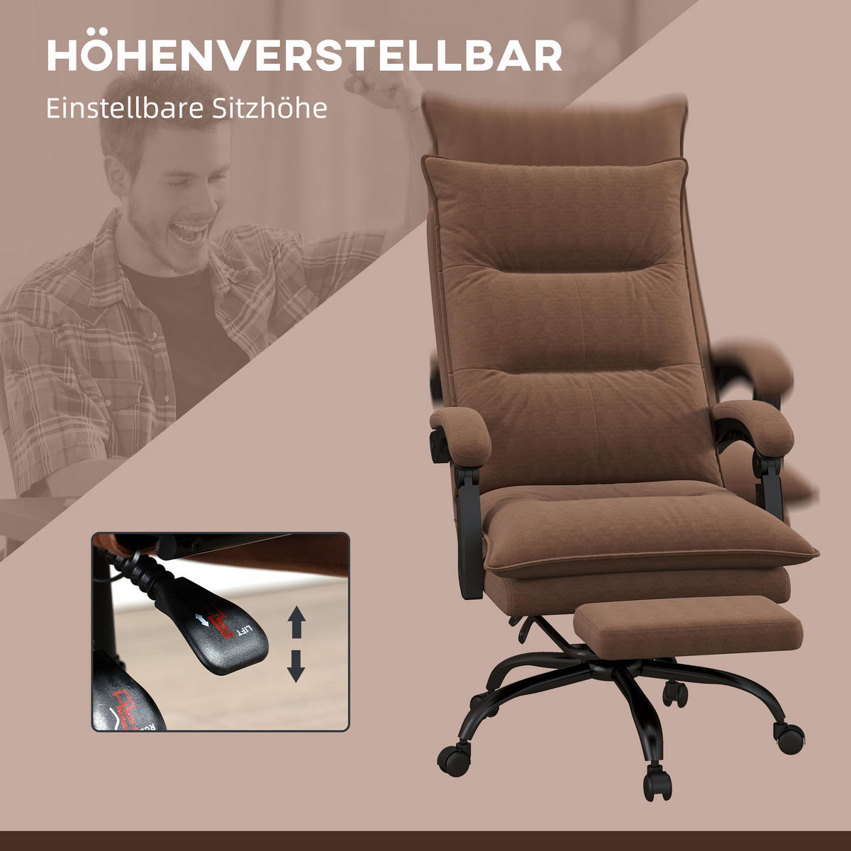 MASSAGE-BÜROSTUHL, Mikrofaser, Braun - Braun, Kunststoff (74/121.5/66cm) - Vinsetto