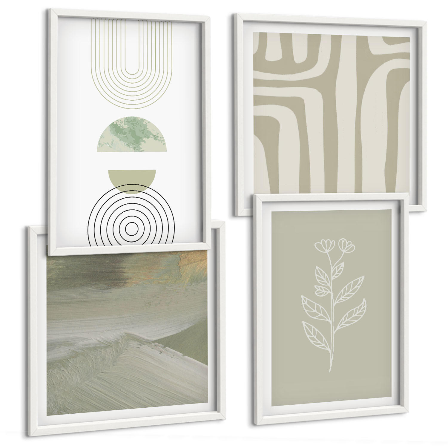 BILDER SET 4er Set - 50x50 cm & 40x60 cm Weißer Rahmen - Geometrische Pflanzenmuster - Weiß, Kunststoff (50/50cm) - TULUP
