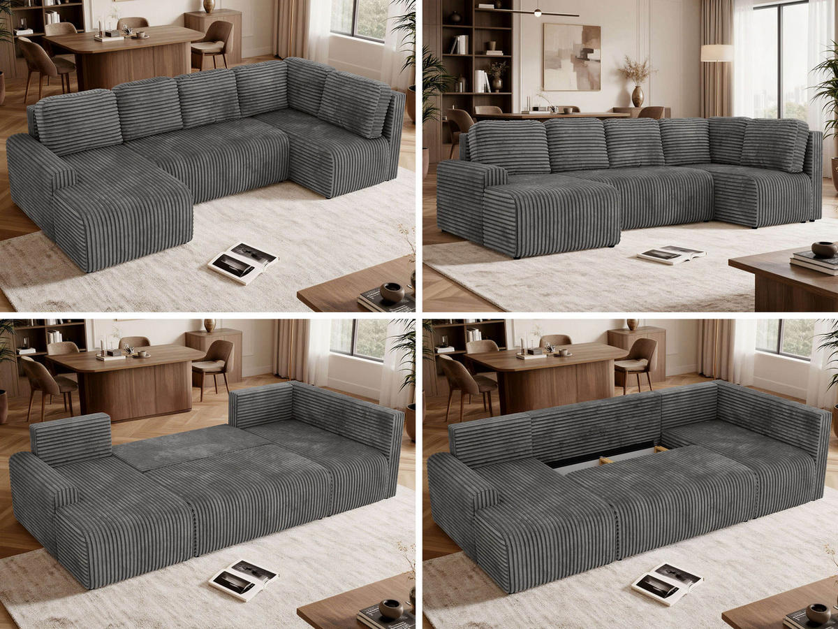 WOHNLANDSCHAFT NESSARO COR U Grau Cord - Rechts Seite - Schwarz/Grau, Kunststoff/Textil (151/92/307cm) - MKS