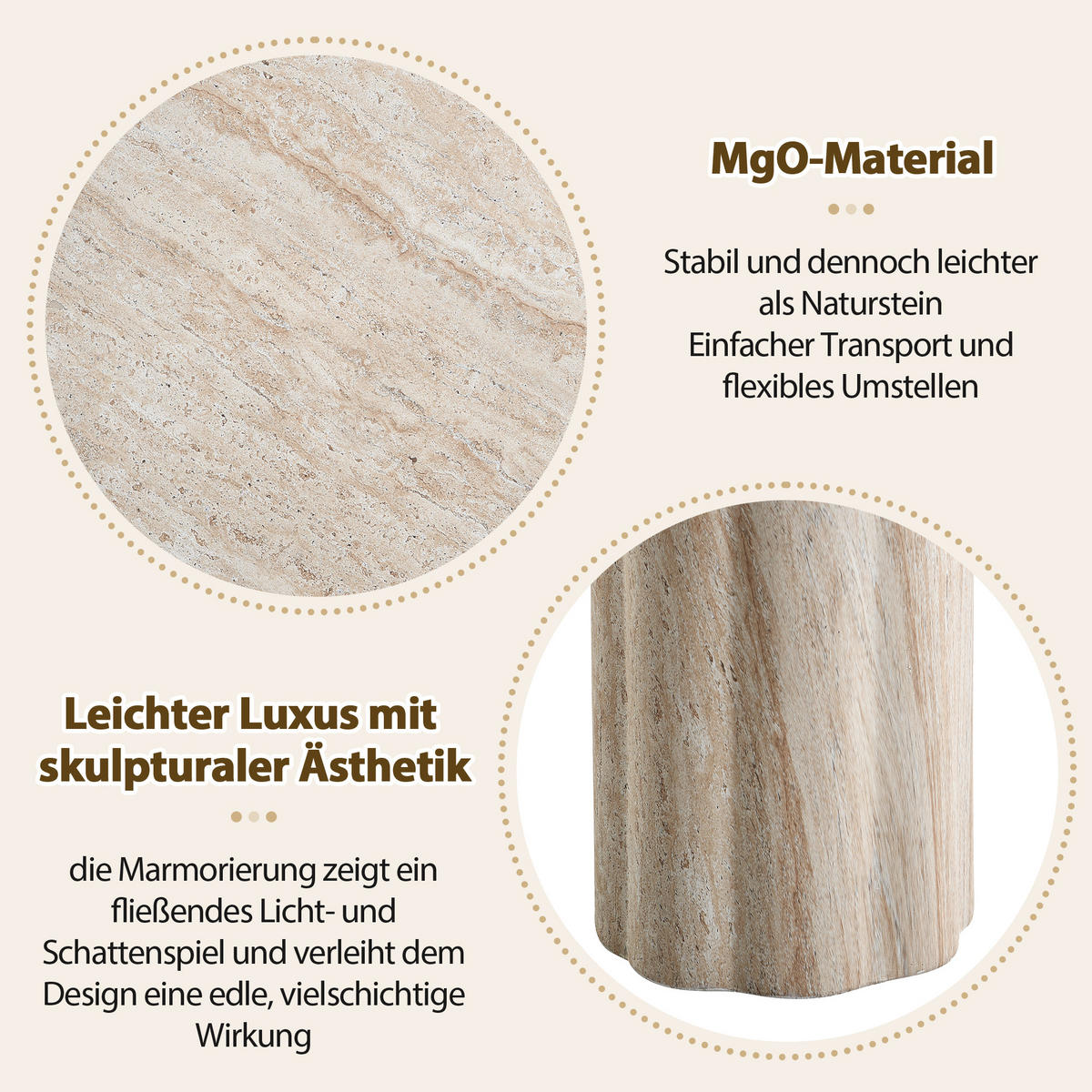 BEISTELLTISCH, MgO, Indoor/Outdoor, Travertinoptik - Beige, Naturmaterialien (40/40/46cm) - FLIEKS