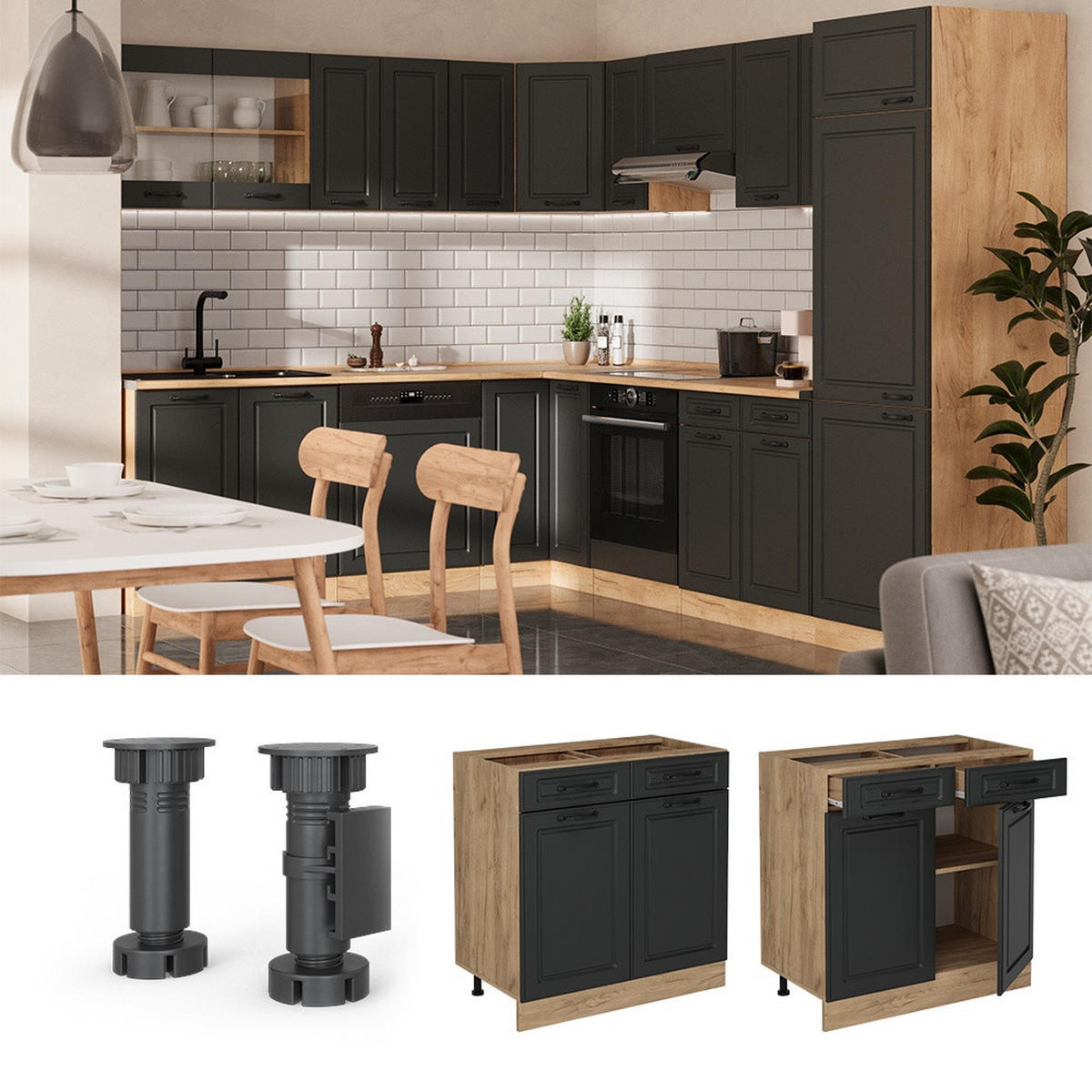 KÜCHENUNTERSCHRANK R-Line Anthrazit Landhaus 80 cm ohne Arbeitsplatte - Honigeiche/Anthrazit, Holzwerkstoff (80/81.6/46cm) - Vicco