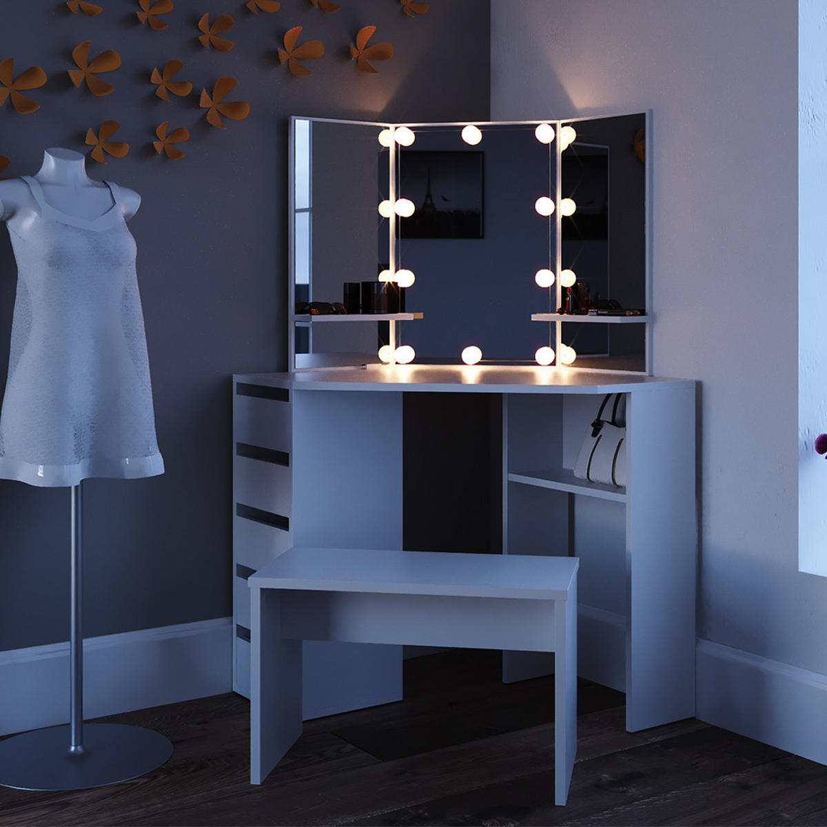 ECKSCHMINKTISCH Arielle Weiß 110 cm mit LED Beleuchtung und Bank - Weiß, Holzwerkstoff (110/141.5/54cm) - Vicco