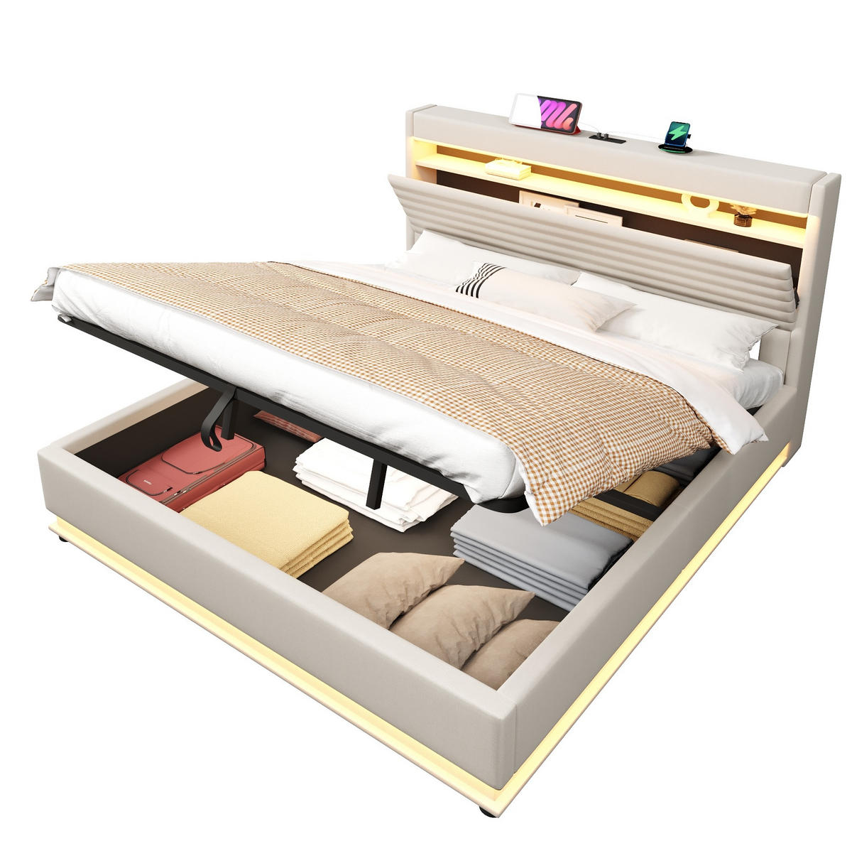 POLSTERBETT 180/200 cm mit LED-Beleuchtung, USB- und Typ-C-Anschluss, hydraulischem Stauraum und Kopfteilfach, Beige - Beige, Textil (180/200cm) - Redom