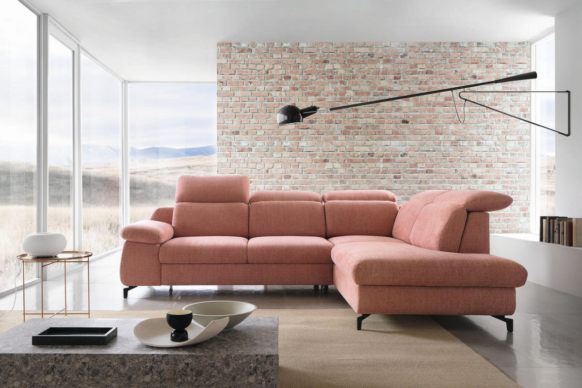 ECKSOFA BORA Rosa Velours-Stoff mit Schlaffunktion - Rosa, Holz (288/223cm) - MASSENO
