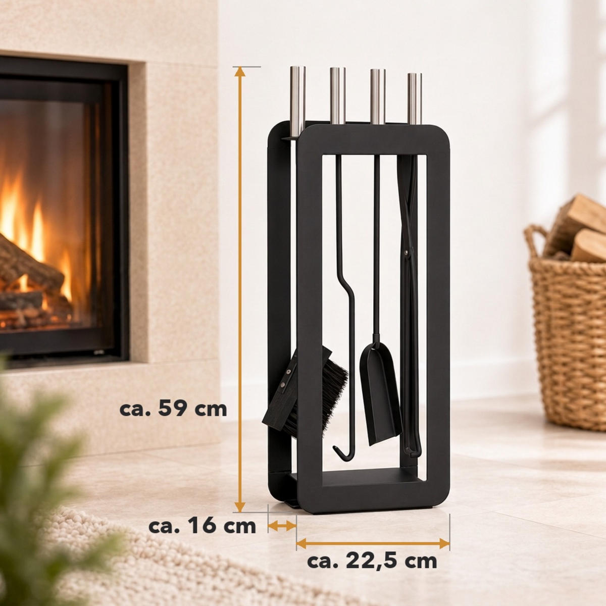 KAMINBESTECK Schwarz 5-teilig - Schwarz, Metall (22.5/59/16cm) - Relaxdays