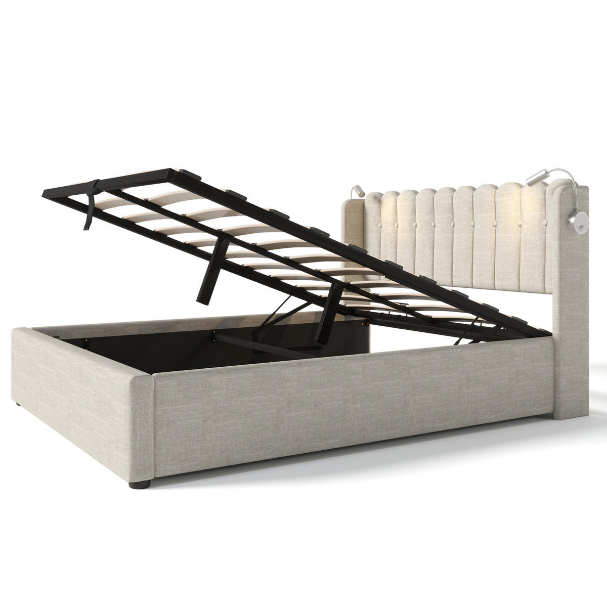 POLSTERBETT 140/200 cm Leinen Grau mit Leselicht und Ladefunktion Ohne Matratze - Naturfarben, Textil (140/200cm) - OKWISH