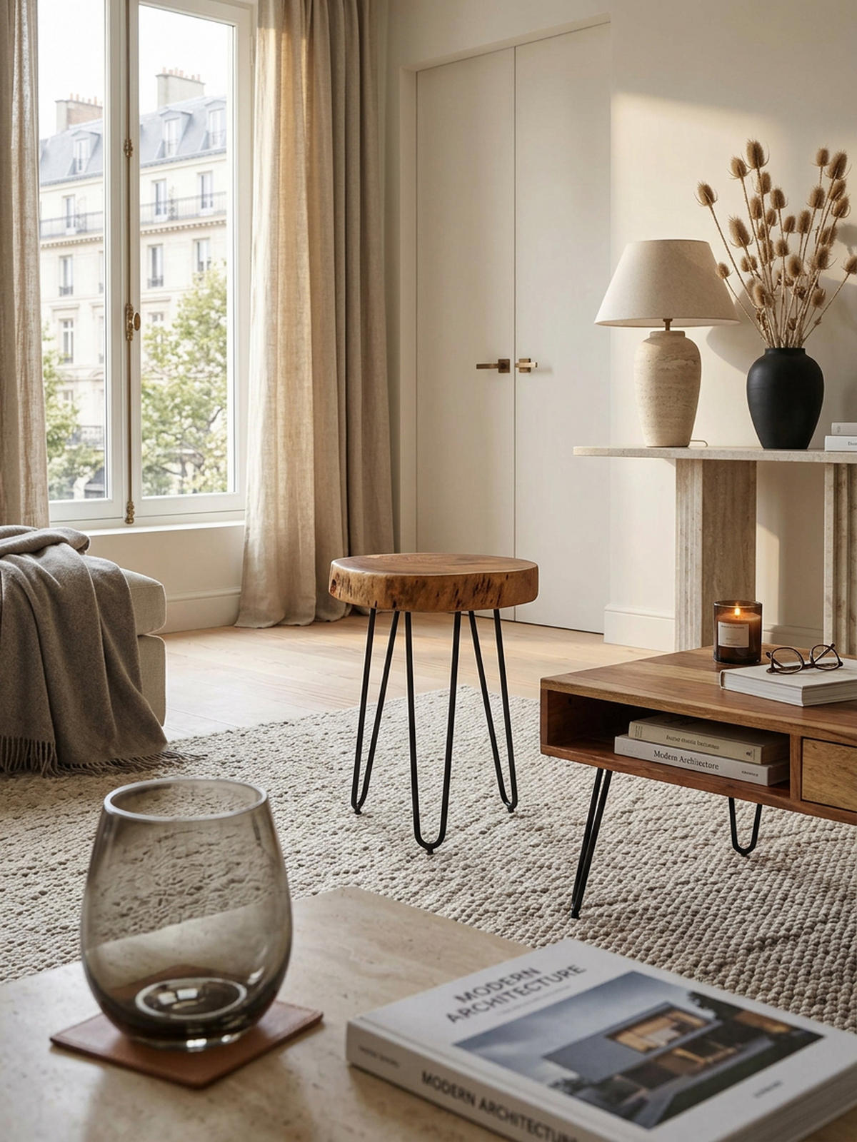 BEISTELLTISCH Massivholz Metallbeine Baumstammoptik BALU, Beige 35x35x45 cm - Beige/Schwarz, Holz/Metall (35/35/45cm) - KADIMA DESIGN