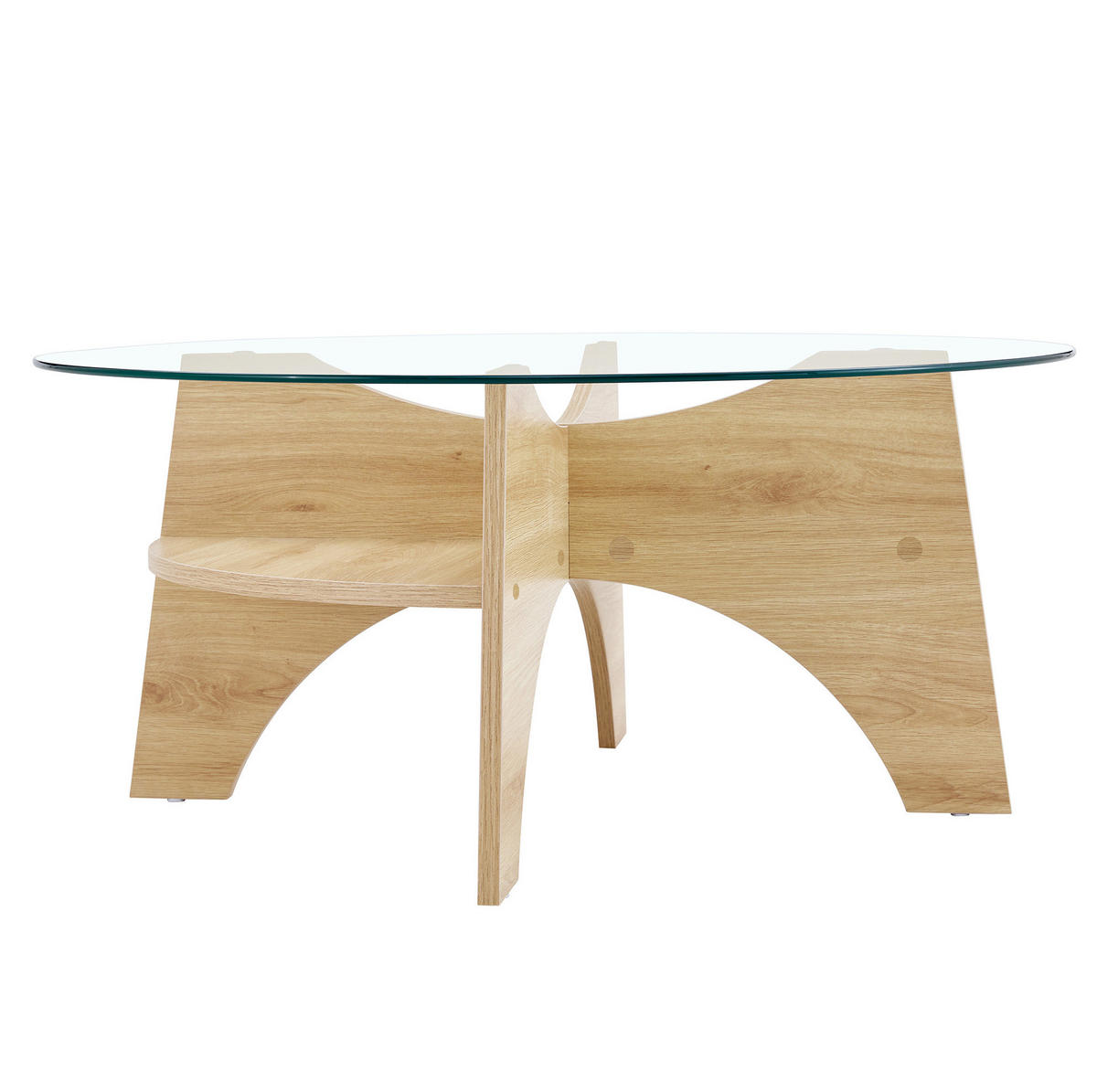 COUCHTISCH 80 cm aus Glas und MDF in Holzoptik – rund, modern und stabil - Naturfarben, Holzwerkstoff (80/80/36cm) - BEAOK