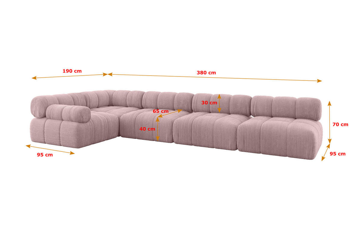 ECKSOFA modulares Sofa Mende-L3 - 380x190x70 cm Rosa Cord - Rosa, Holzwerkstoff/Textil (380/190cm) - ALTDECOR