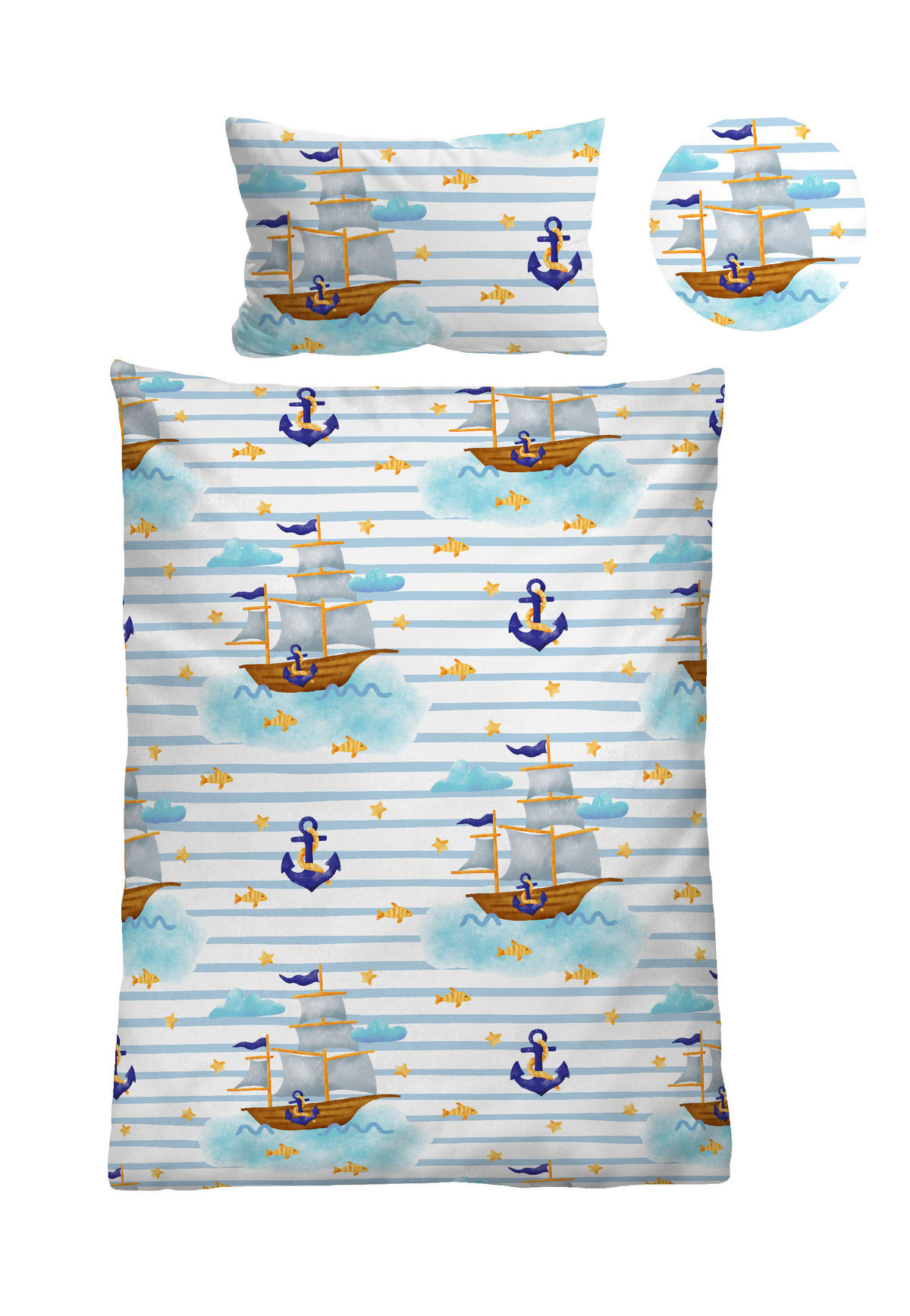BETTWÄSCHE-GARNITUR Linon Schiffe ciel, 100x135 cm + 40x60 cm - Hellblau, Textil (100/135cm) - biberna