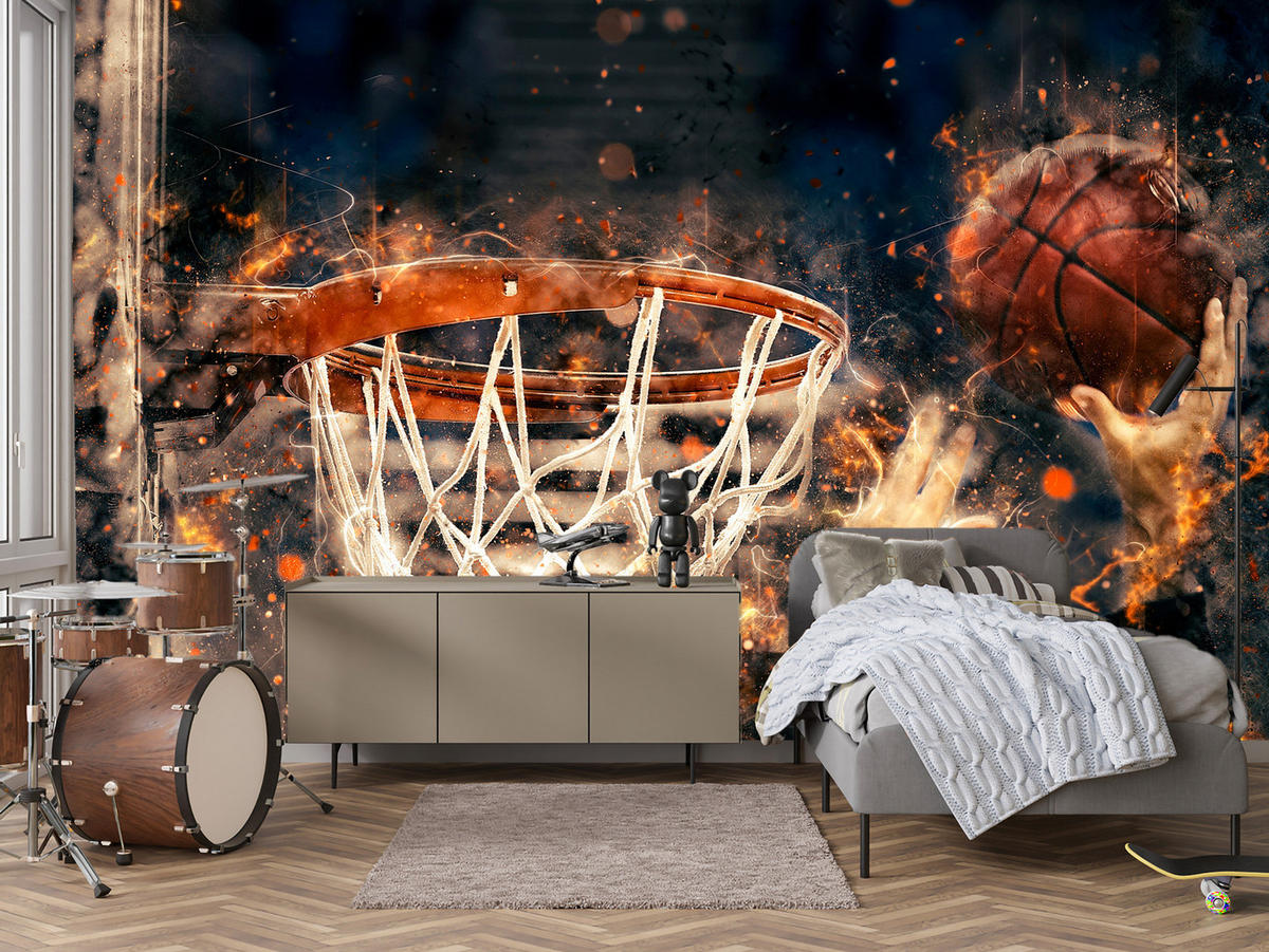 FOTOTAPETA Pre Študentskú Izbu Akvarel Basketbal Smeč Hráč Šport 150 x 105 cm - oranžová/hnedá, papier (150/105cm) - Muralo