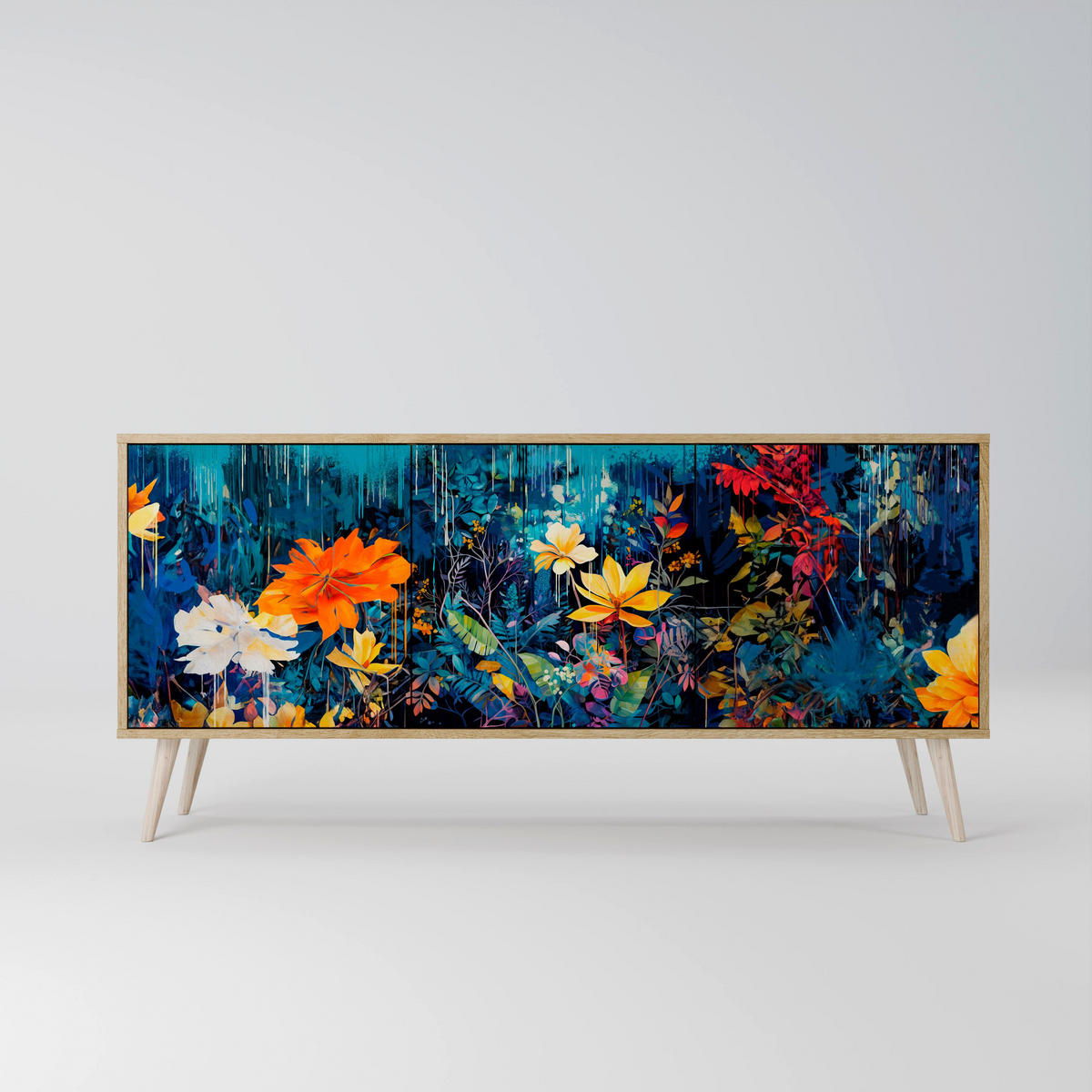 SIDEBOARD MIDNIGHT BLOSSOM, Eicheneffekt, 164,5x42x77,5 cm, 3 Türen - Eichefarben/Buchefarben, Holzwerkstoff/Buchenholz (164.5/77.5/42cm) - SpaceRebels