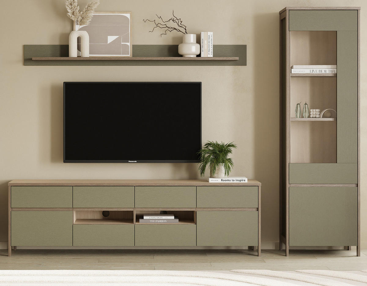 WOHNWAND Salbei grün, Eiche skandinavisch, Wohnkombination 3-teilig 266 cm mit Soft-Close - Salbeigrün/Eichefarben, Holzwerkstoff/Metall (266/195/39cm) - Furn.Design