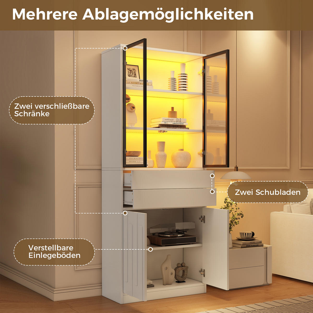 VITRINE 70x34x180 cm Weiß mit LED und 2 Schubladen - Weiß, Holzwerkstoff (70/180/34cm) - FLIEKS