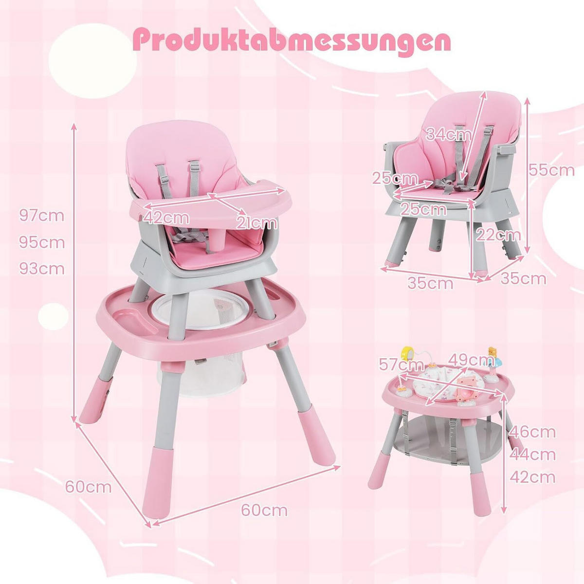 BABYHOCHSTUHL mit abnehmbarem Tablett blau - Pink, Kunststoff (60/93/60cm) - COSTWAY