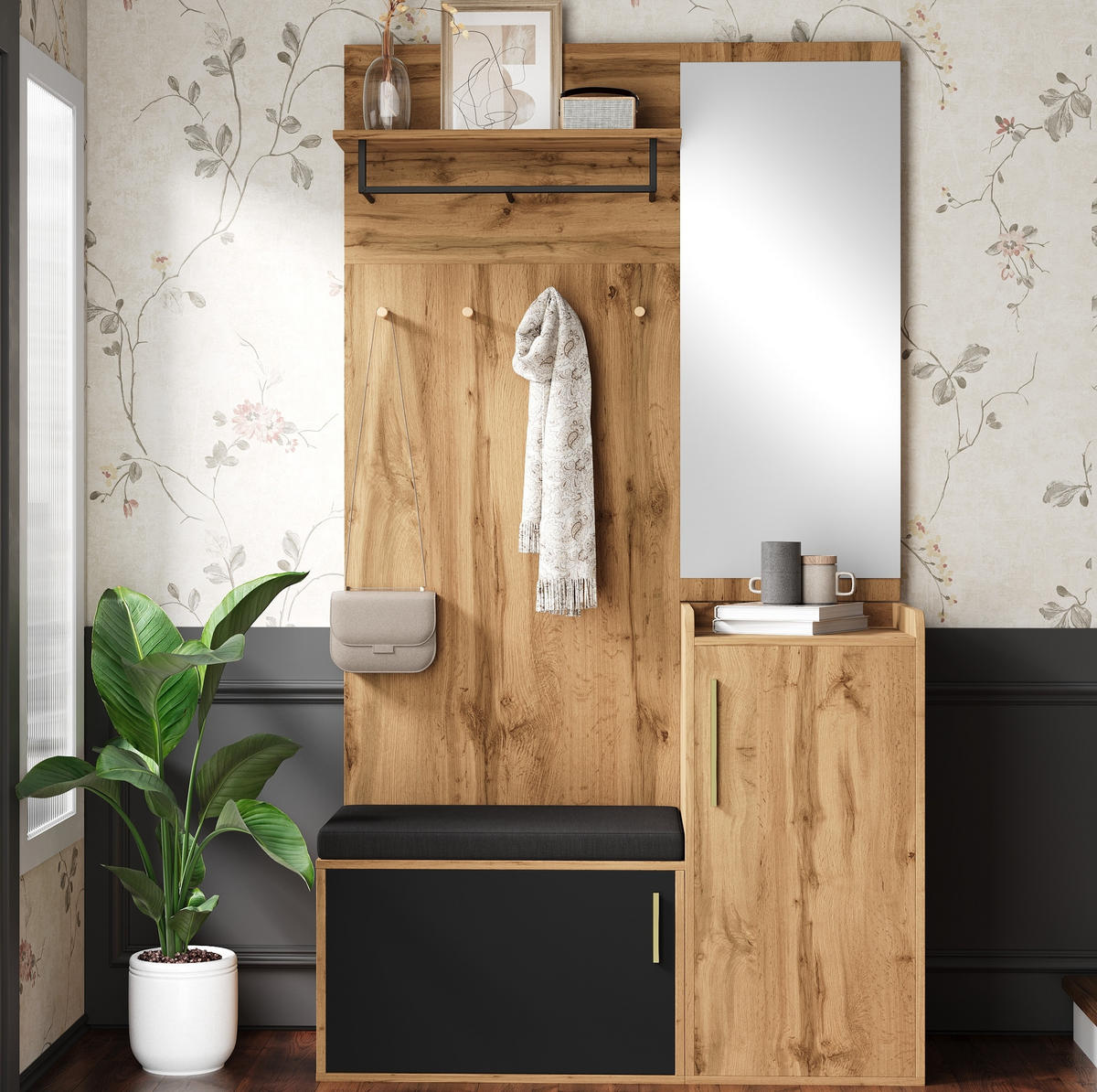 GARDEROBE mit Spiegel und Sitzbank 100 x 38 x 185 cm Eiche-Schwarz - Schwarz, Holzwerkstoff (38/185/100cm) - Beauniv
