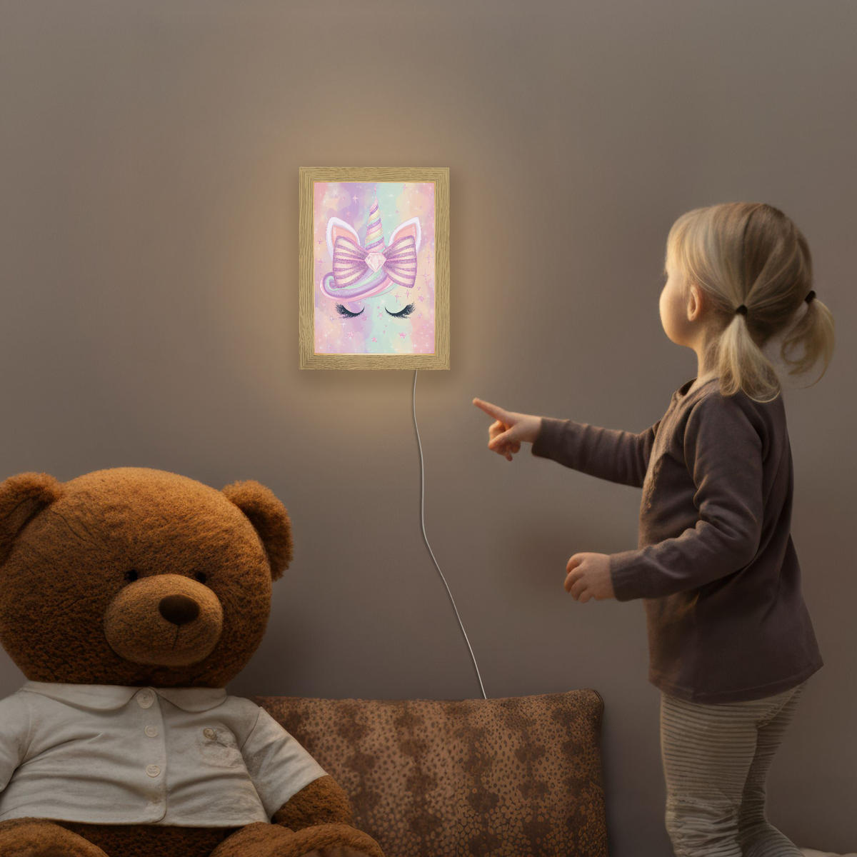 NACHTTISCHLAMPE Einhorn - Glitzer - Regenbogen - Pastell 15x20 cm - Hellrosa, Holzwerkstoff (8/15/20cm)