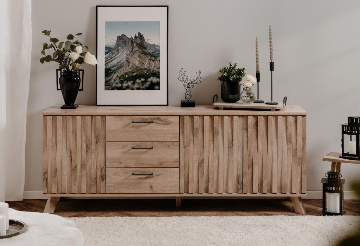 SIDEBOARD Eiche 175 cm, Kommode mit Push-to-Open und 3D Relief - Eichefarben/Messingfarben, Holzwerkstoff/Metall (175/68/40cm) - Furn.Design