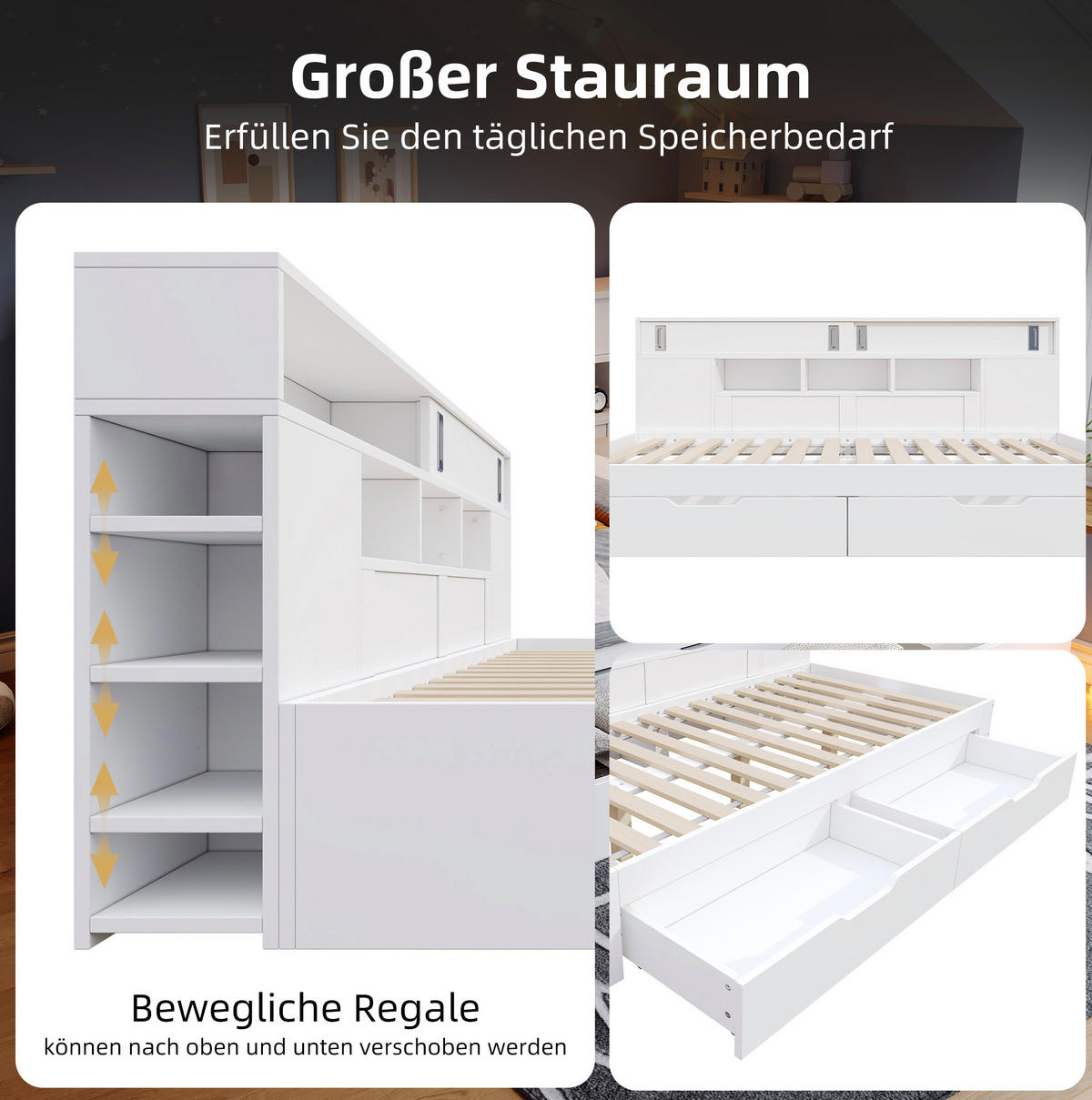 KINDERBETT 90/200 cm Weiß aus MDF mit Schubladen und Regal - Weiß, Holzwerkstoff (90/200cm) - OKMYHOME