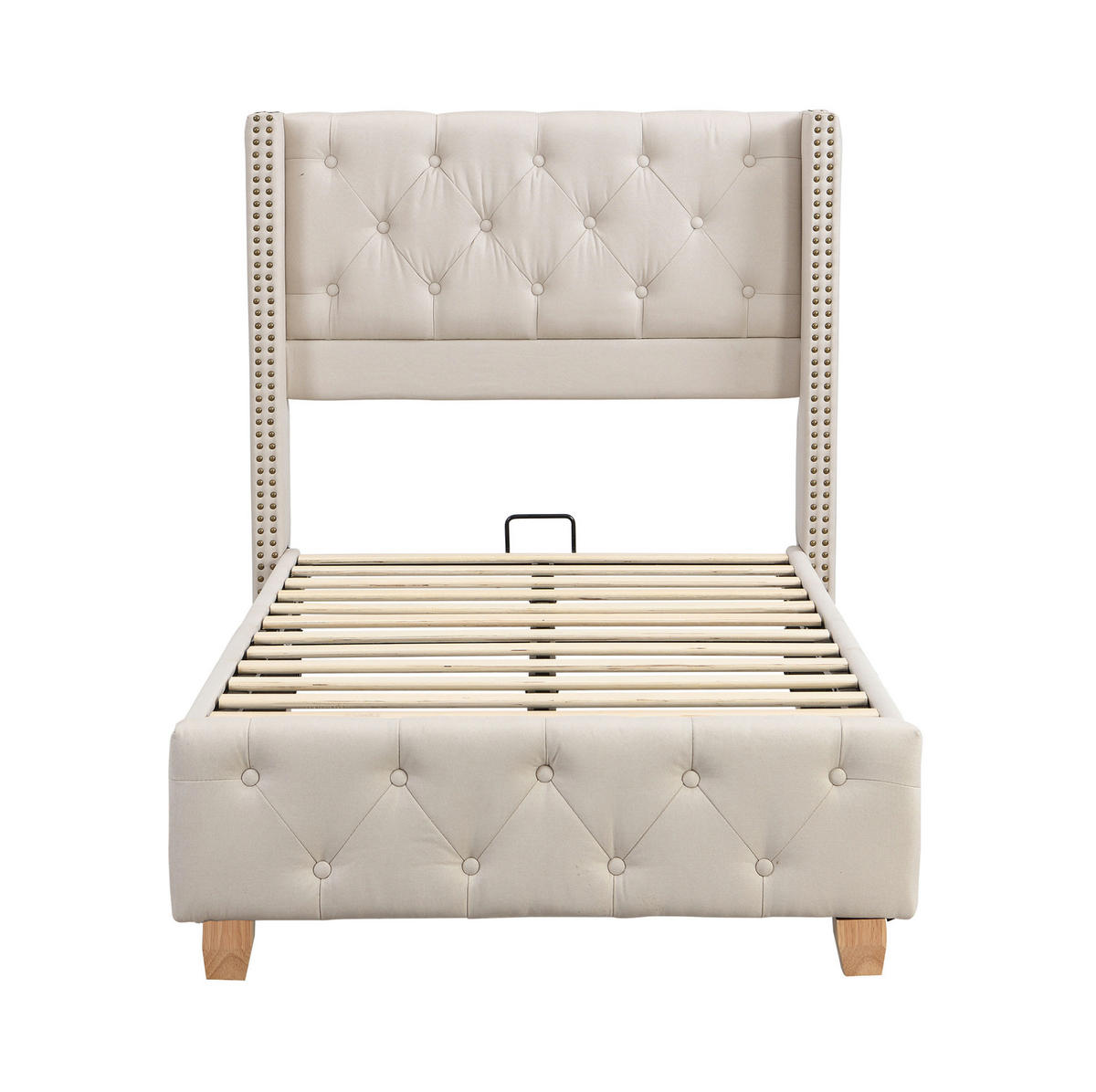 POLSTERBETT 90/200 cm in Beige aus Leinen mit Knopfheftung und Nieten - Beige, Textil (90/200cm) - Flora Grace