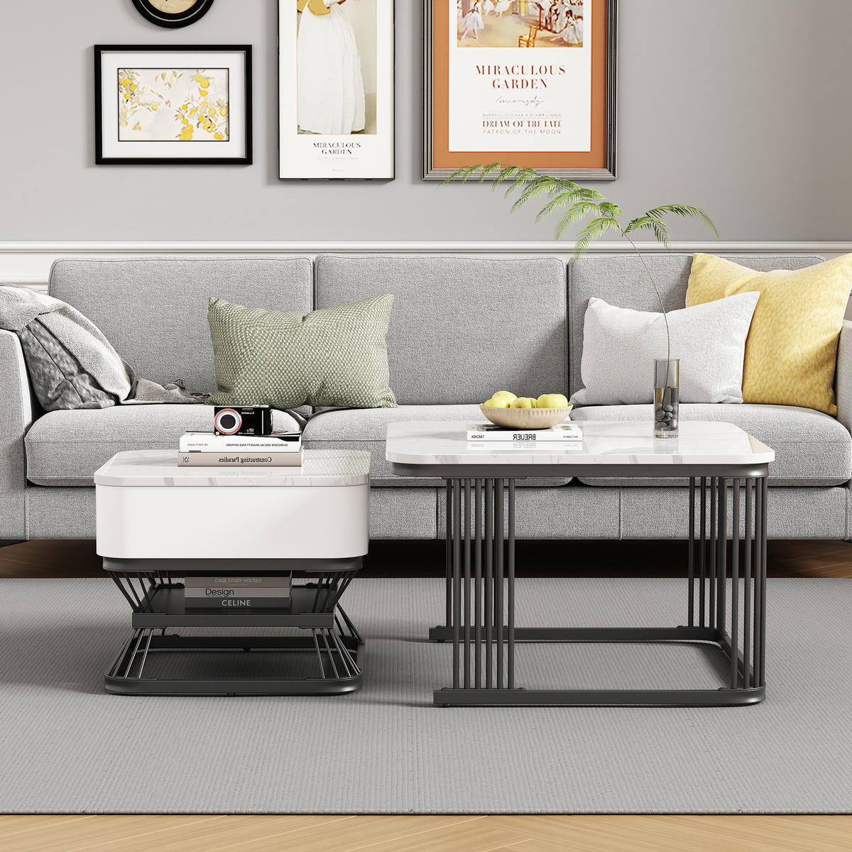 COUCHTISCH Set 70/70/45 cm und 50/50/40 cm Weiß + Schwarz mit 1 Schublade aus MDF und Metall - Weiß, Glas (70/70/45cm) - OKWISH