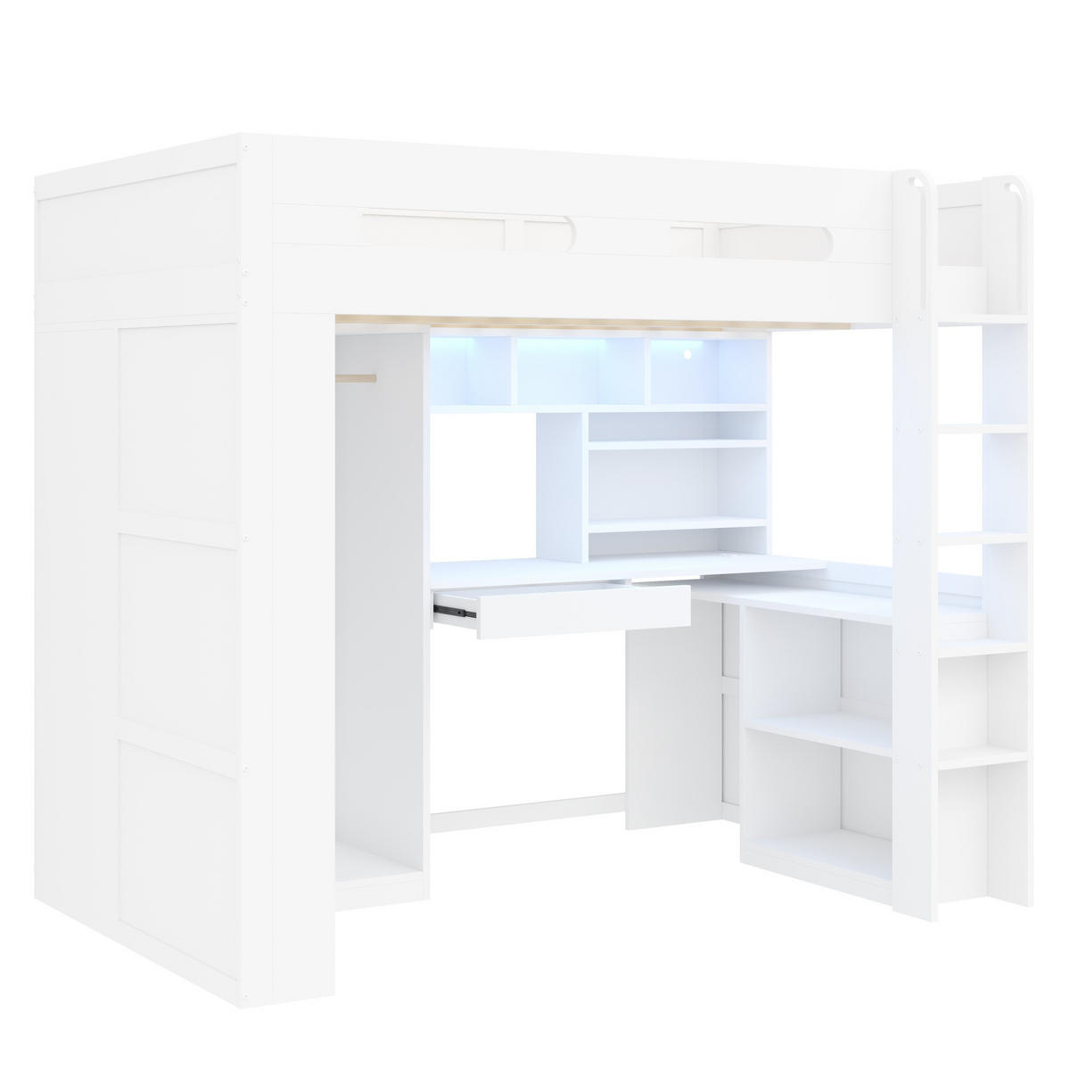 HOCHBETT 90/200 cm in Weiß mit Schublade, Regalböden, Kleiderschrank, Schreibtisch, LED und USB aus Kiefernholz und MDF - Weiß, Holzwerkstoff (90/200cm) - STILVORA